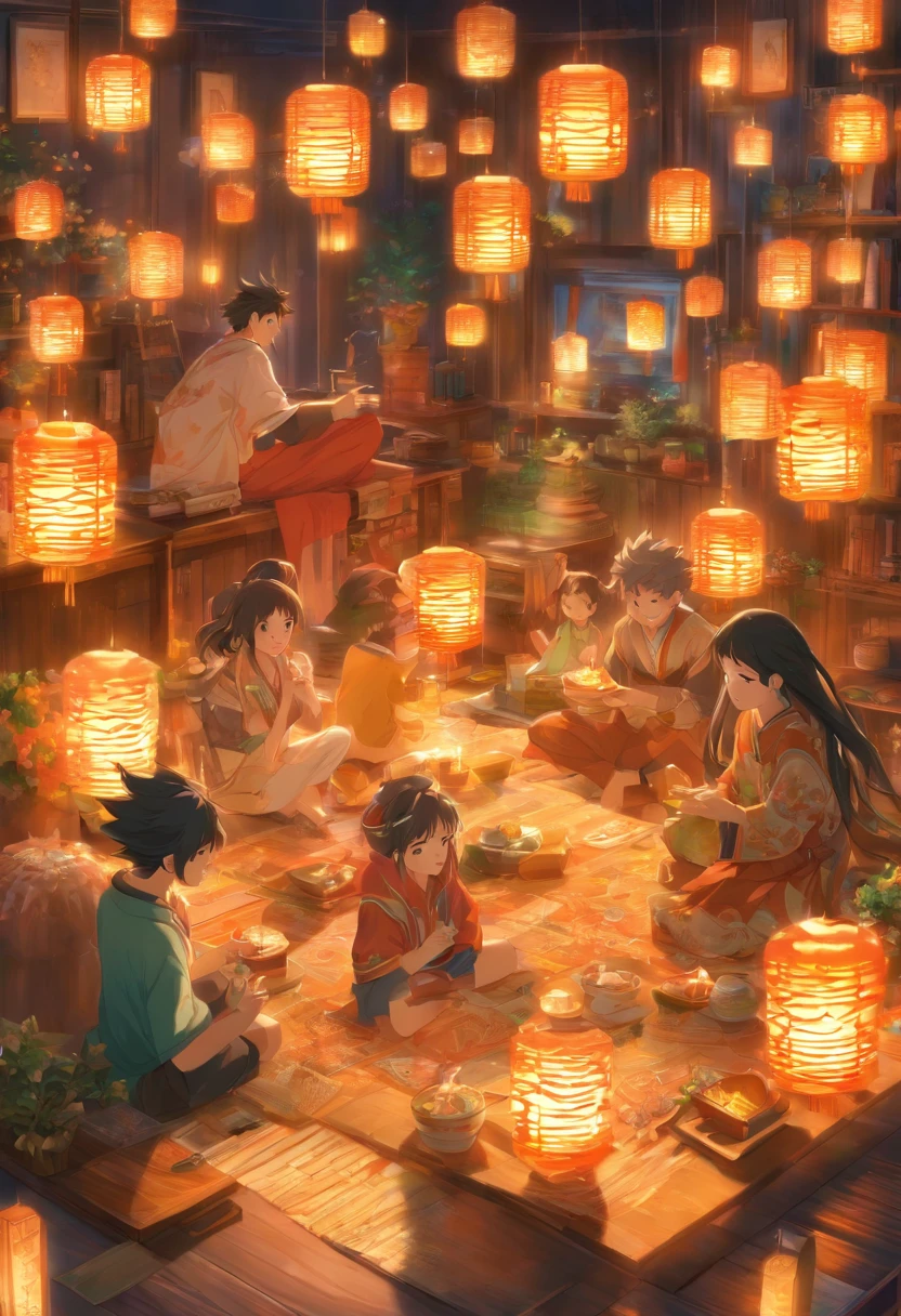 (top-quality、8K、tmasterpiece:1.3)、Full moon and stars in sky illustration，The family sits together eating mooncakes,Mom and dad laugh with the kids，Have in the living room、Bright house scene，extremely detailed face and skin，Heartwarming scene，perfect  detail