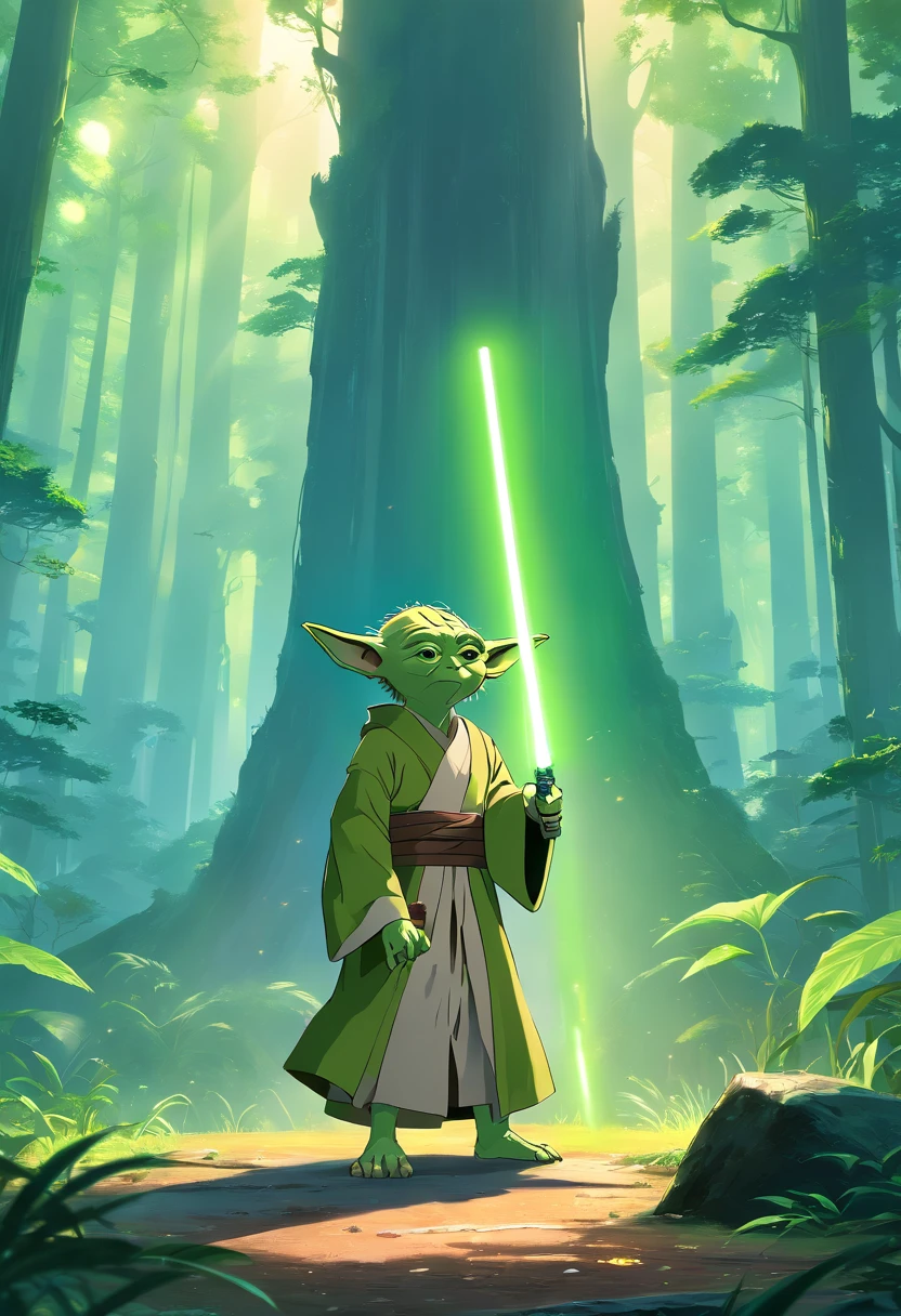 (best quality,4k,highres,masterpiece:1.2),ultra-detailed,(realistic,photorealistic,photo-realistic:1.37),Yoda,(Masculino),Star Wars,wise and powerful Jedi Master,green-skinned alien with pointy ears and sharp teeth,cloaked in brown robes with a lightsaber,having a calm and serene expression,standing in a misty forest surrounded by ancient trees and ruins,using the Force to move objects,casting a green glow from his lightsaber,shadows and rays of sunlight creating a dramatic atmosphere,vivid colors and intricate details bringing the scene to life,showcasing Yoda's legendary wisdom and strength in the iconic Star Wars universe.