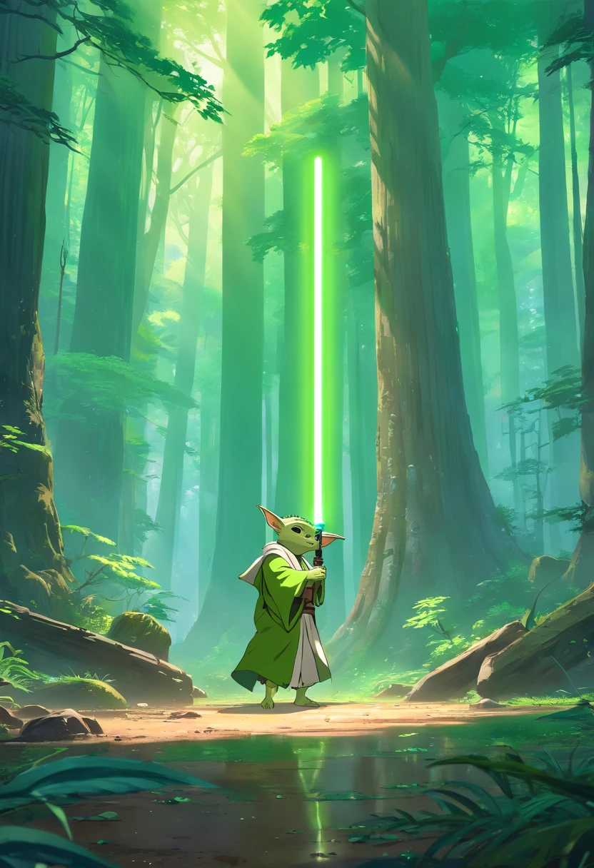 (best quality,4k,highres,masterpiece:1.2),ultra-detailed,(realistic,photorealistic,photo-realistic:1.37),Yoda,(Masculino),Star Wars,wise and powerful Jedi Master,green-skinned alien with pointy ears and sharp teeth,cloaked in brown robes with a lightsaber,having a calm and serene expression,standing in a misty forest surrounded by ancient trees and ruins,using the Force to move objects,casting a green glow from his lightsaber,shadows and rays of sunlight creating a dramatic atmosphere,vivid colors and intricate details bringing the scene to life,showcasing Yoda's legendary wisdom and strength in the iconic Star Wars universe.