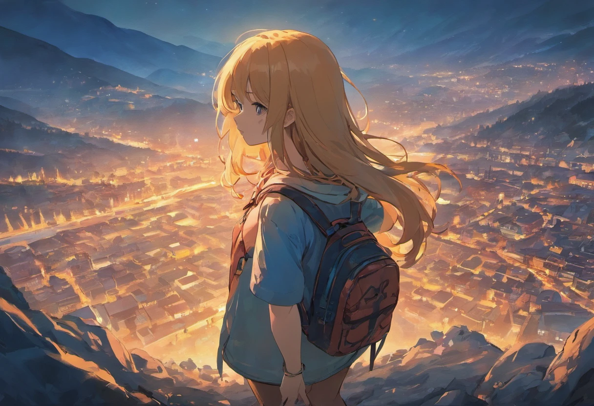 Broad lens，The back of a girl，（Long hair on the back），resolute，Walk towards the top of the snowy mountains，hiking clothes，Equip the backpack，Back shadow，Back shadow，Go ahead，full bodyesbian，mountain peaks，Solo，tmasterpiece，