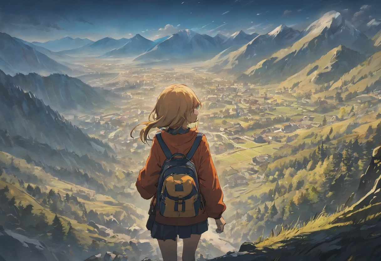 Broad lens，The back of a girl，（Long hair on the back），resolute，Walk towards the top of the snowy mountains，hiking clothes，Equip the backpack，Back shadow，Back shadow，Go ahead，full bodyesbian，mountain peaks，Solo，tmasterpiece，