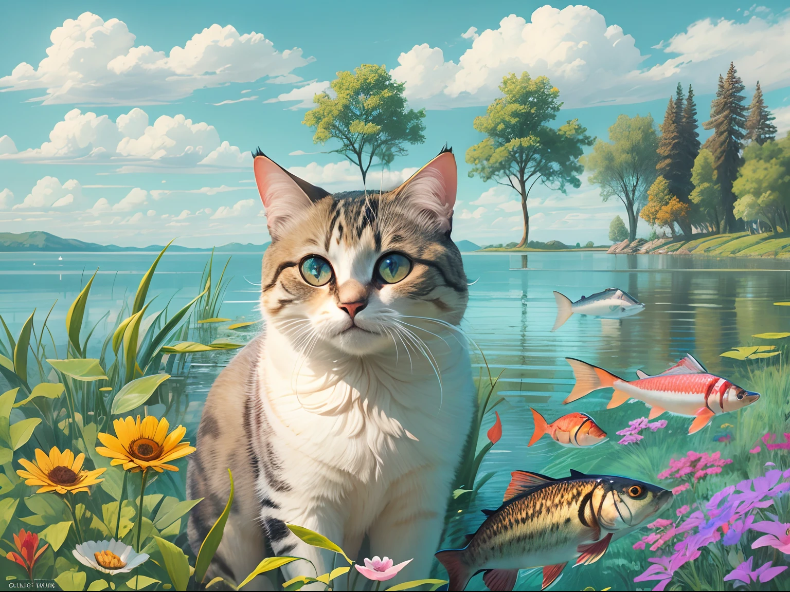 A round-eyed cat by the lake, Fish jumped out of the water,big trees,wildflowers.blue-sky.