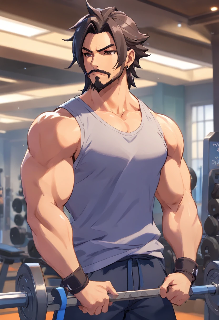 Anime, Um homem alpha poderoso, perverso, nervoso, 40 years old, rei supremo, lorde imponente, wearing very tight black tank top, large pectorals, muscular chest, olhando para o espectador, pose sexy, angry facial expression, olhos de cor vermelha, black hair and beard, Obra-prima maravilhosa altamente detalhada, beautiful cinematic light deep focus, elegante, pintura digital, liso, sharp focus, golden ratio, dramatic lighting, 8k, pixiv, bara
