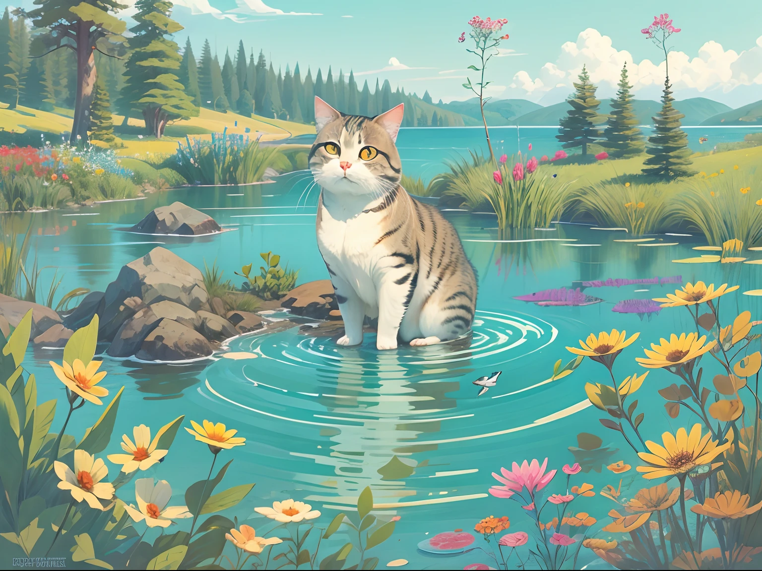 A round-eyed cat by the lake, Fish jumped out of the water,big trees,wildflowers.blue-sky.
