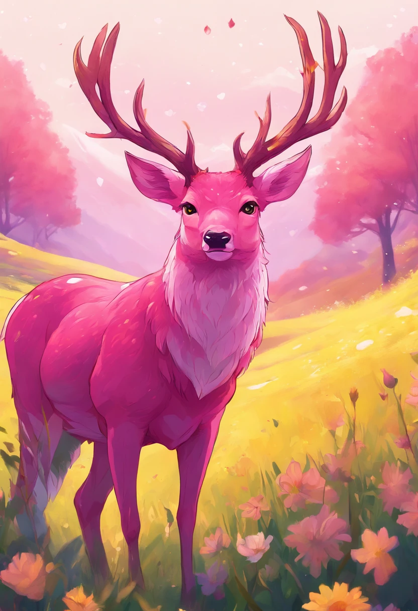 a detailed anime drawing of a large ((pink)) deer with ((bright yellow eyes)) that gives off a aura of grace with large heart-shaped antlers dashing through a meadow by itself