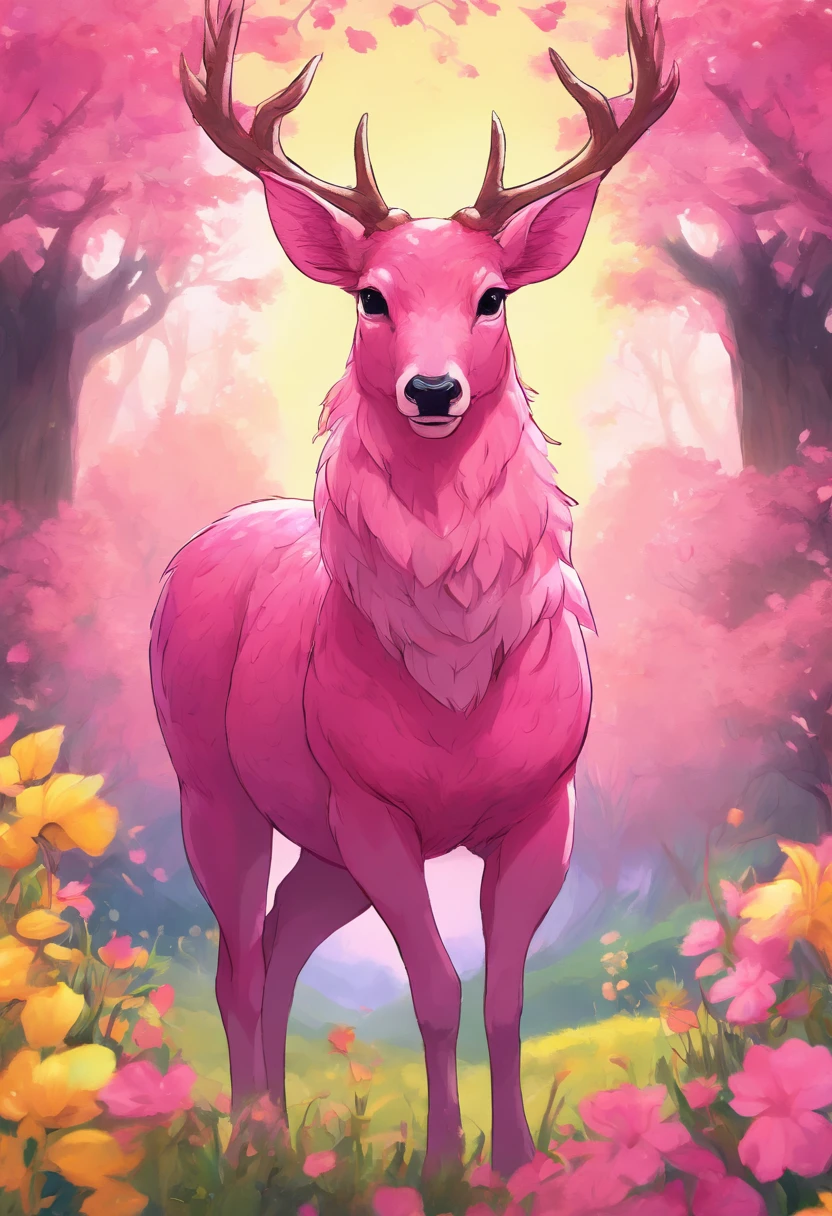 a detailed anime drawing of a large ((pink)) deer with ((bright yellow eyes)) that gives off a aura of grace with large heart-shaped antlers dashing through a meadow by itself