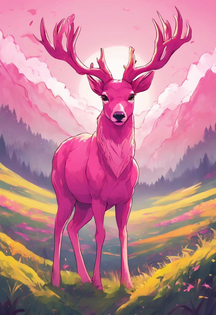 a detailed anime drawing of a large ((pink)) deer with ((bright yellow eyes)) that gives off a aura of grace with large heart-shaped antlers dashing through a meadow by itself