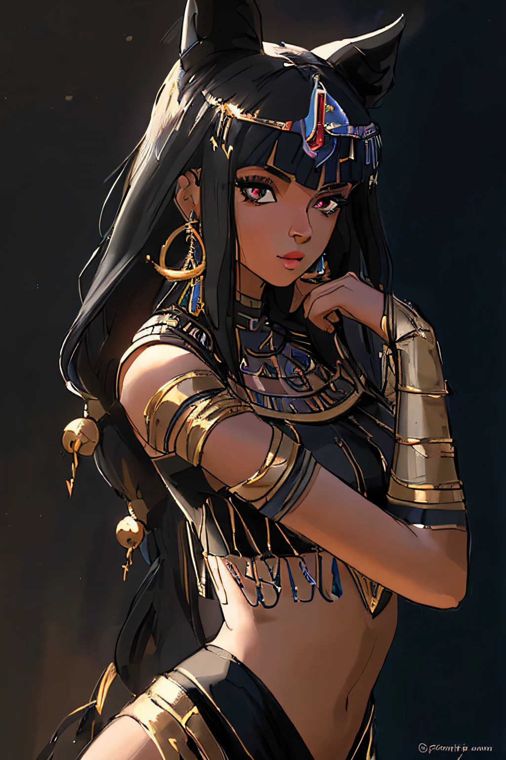 centered, award winning upper body portrait, cowboy shot, (looking at viewer:1.2), |
<lora:Anubis_Citron_OC_Anime:0.8>, Anubis_Citron_OC, dark skin, black hair, yellow eyes, pelvic curtain, crop top, thighhighs, 
side view, 
| desert, pyramids, 
| bokeh, depth of field, cinematic composition, |  dynamic pose,