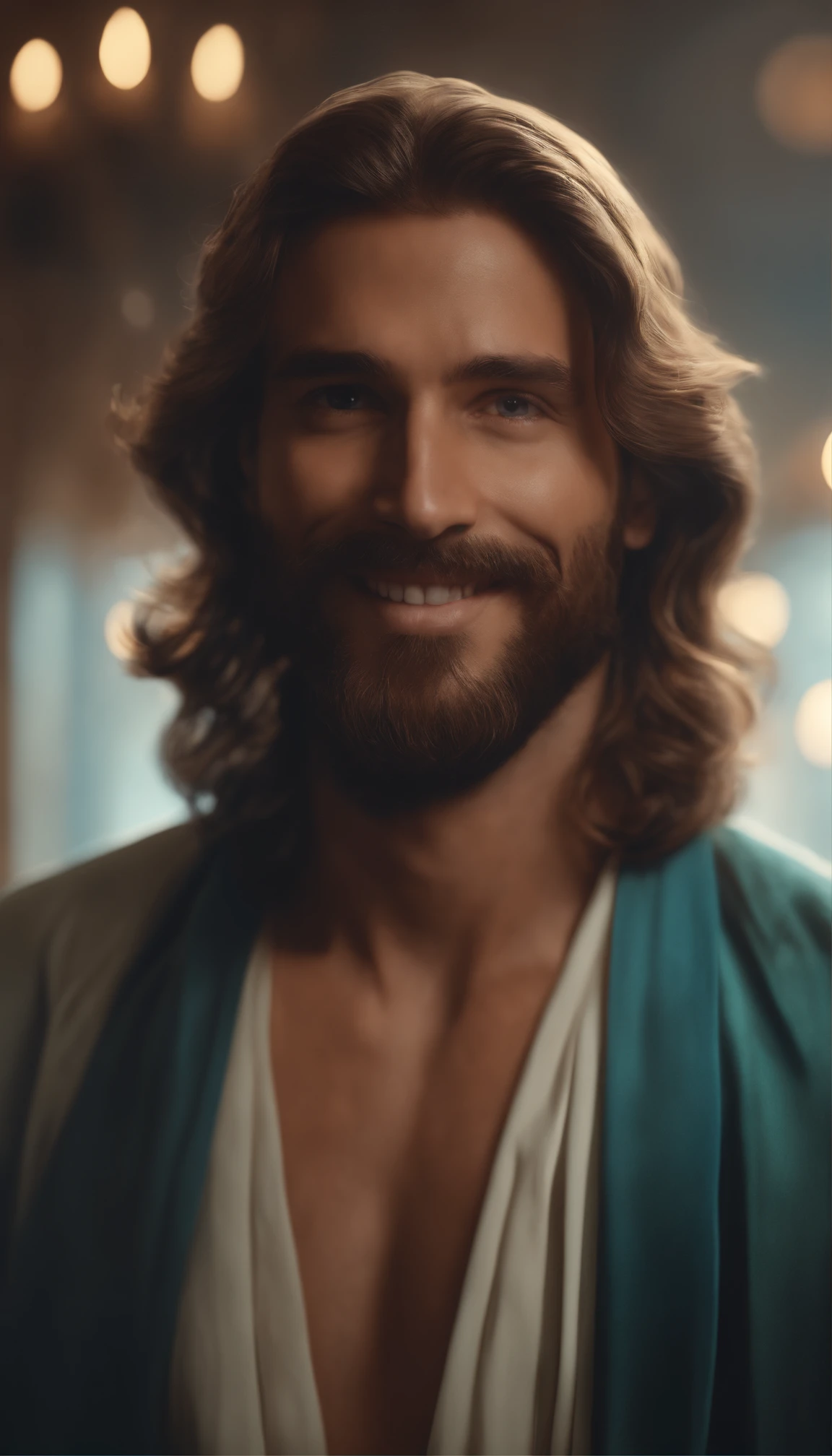 um jesus Cristo, homem bonito, rosto lindo, Sorriso lindo,dentes brancos, Show 4K, Energetic brushstrokes, intrincada obra de arte sinistra, Cartaz de Filmes, proportion Aurea, in CGSOCIETY TRENDS, difficult, epics, por artgerm, Ilya Kuvshinov, Greg Rutkowski, Alphonse Mucha, muito detalhado, staged character rendering, modelo de alta qualidade, rosto bonito, Fundo bokeh