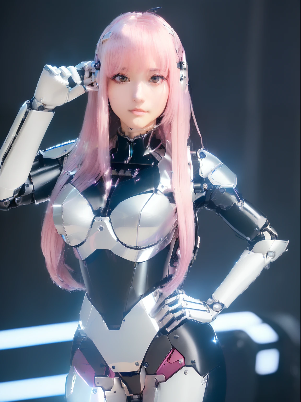 (Photorealsitic:1.4)、Onegirl、(top-quality)、(hyperdetailed face)、(Super well-formed face)、((Robot Parts))、(Cyborg girl)、(metalic)、(fullllbody)、(sexy pose)、(Slender body)、(Model body type)、(full body mech)、(mecha exposure)、(akihabara)、(is looking at the camera)、(A dark-haired)、(10Head and body)、(a small face)、(Idol)、(front facing)、(Sit on a chair with your legs open)、(Banzai pose with open arms)、(Photo session)、(Looks sad)、(Cyborg girl in pale pink satin dress)、(sleeve less)、(a miniskirt)、(K-POPthe wind