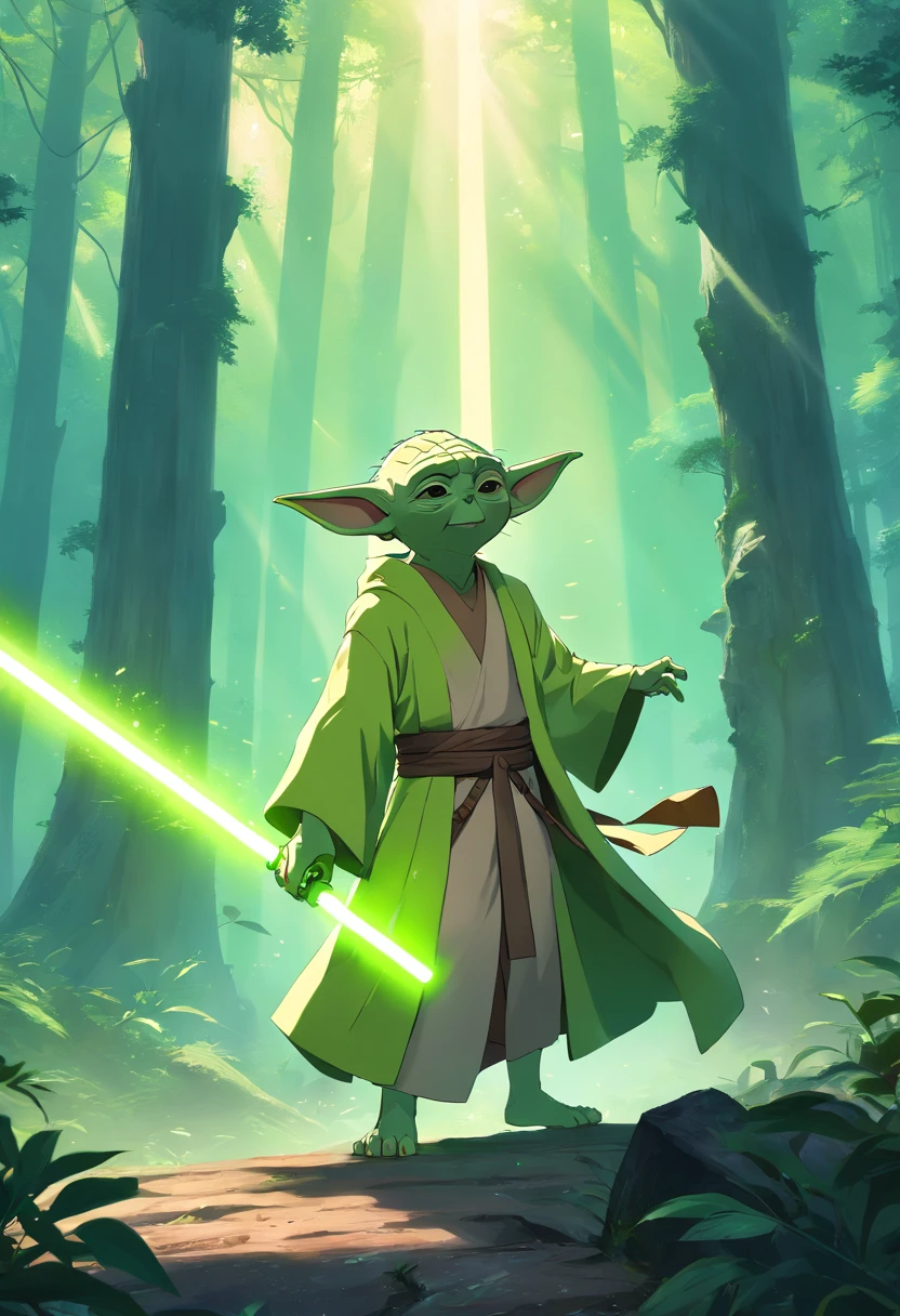 (best quality,4k,Altas,master part:1.2),ultra-detalhado,(Realistic,fotorrealista,photo-realistic:1.37),Yoda,(masculino),Guerra nas Estrelas,wise and powerful Jedi Master,Green-skinned alien with pointed ears and sharp teeth,Vestido com vestes marrons com um sabre de luz,have a calm and serene expression,Standing in a misty forest surrounded by ancient trees and ruins,using the Force option to move objects,casting a green glow from his lightsaber,shadows and rays of sunshine creating a dramatic atmosphere,vivid colors and intricate details bringing the scene to life,showcasing Yoda's legendary wisdom and strength in the iconic Star Wars universe.