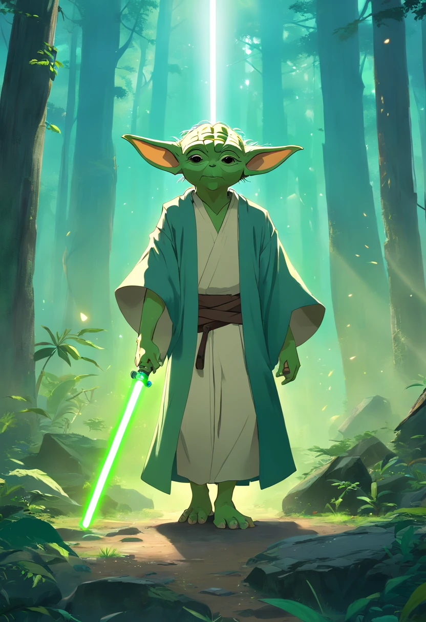 (best quality,4k,Altas,master part:1.2),ultra-detalhado,(Realistic,fotorrealista,photo-realistic:1.37),Yoda,(masculino),Guerra nas Estrelas,wise and powerful Jedi Master,Green-skinned alien with pointed ears and sharp teeth,Vestido com vestes marrons com um sabre de luz,have a calm and serene expression,Standing in a misty forest surrounded by ancient trees and ruins,using the Force option to move objects,casting a green glow from his lightsaber,shadows and rays of sunshine creating a dramatic atmosphere,vivid colors and intricate details bringing the scene to life,showcasing Yoda's legendary wisdom and strength in the iconic Star Wars universe.