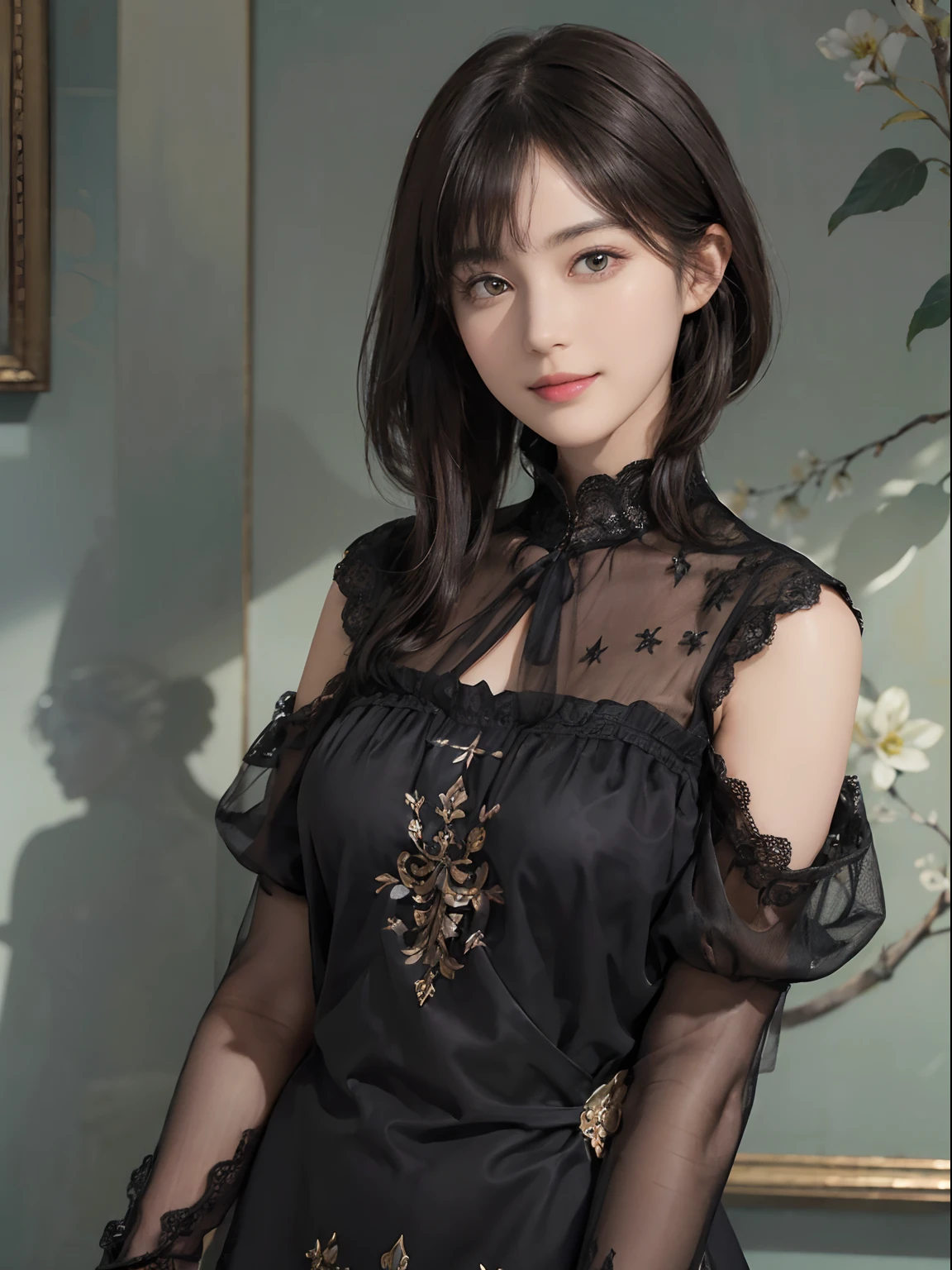 (((Black shorthair))), (Louvre Museum), Pose Seductive, (A hyper-realistic), (Illustration), (Increased resolution), (8KUHD), (Extremely detailed), (Best Illustration), (Beautiful and detailed eyes), (Best Quality), (ultra-detailliert), (masutepiece ), ( Wallpaper), (Detailed face), Solo, 1人の女性, Floral clothing, Breast bulge, Fine details, Detailed face, Deep Shadows, lowkey, pureerosfaceace_v1, Smiling, 46 point slanted bangs, (Stand in front of a painting)
