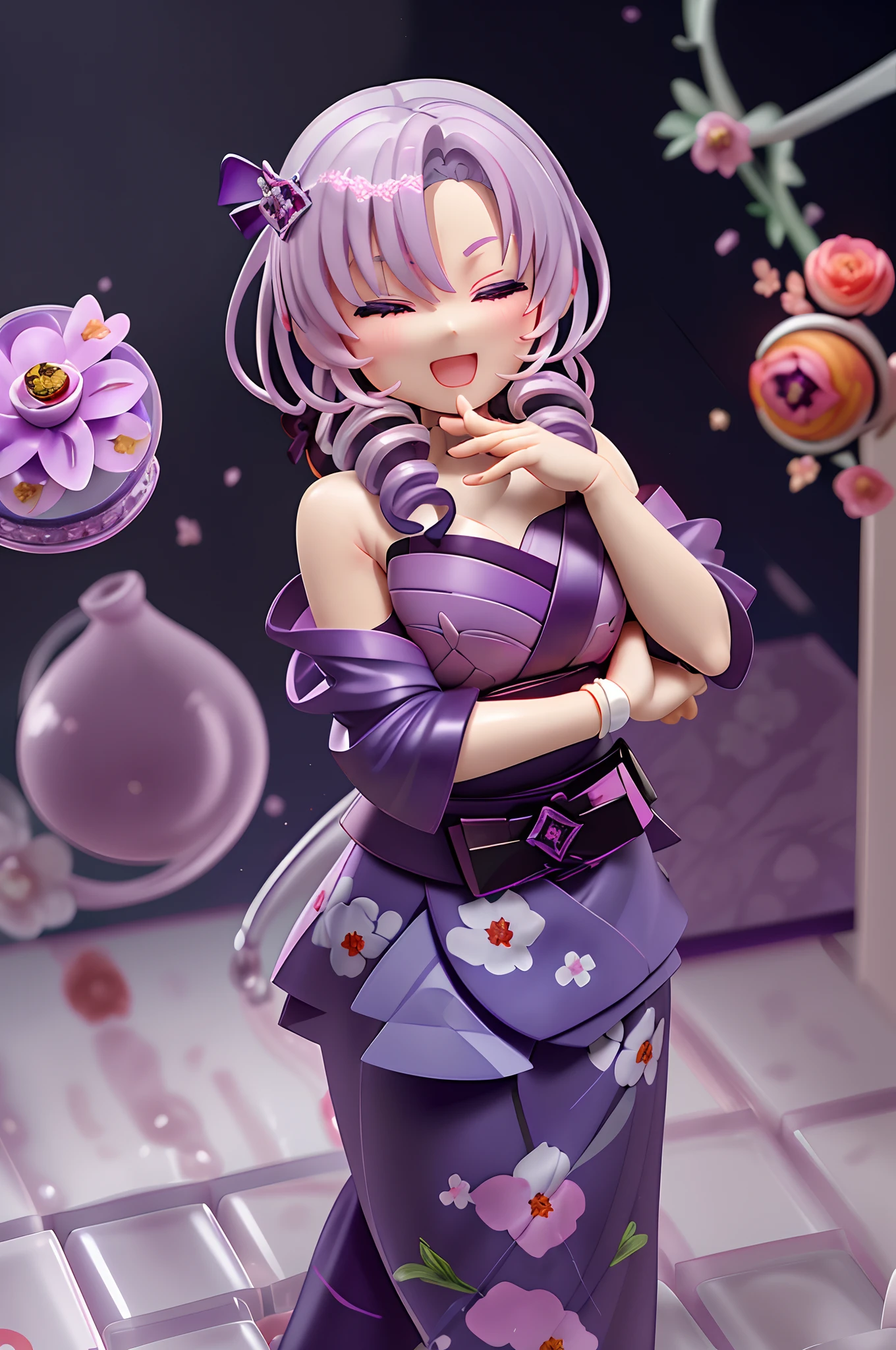 ((Ichihyakuman Tengen Salome))、((nendoroid:1.3))、floral Yukata、Summer Festivals、Light purple hair、Drill Hair、((Turning around))、Looking at the camera、navy blue yukata、Smile with open mouth、closed eyes smile、sparklers、Festival stalls、(High resolution of the highest quality)、((masterpiece best quality:1.2)), [[Bad face]], [[Multiple fingers]], [[[multiple limbs]]]