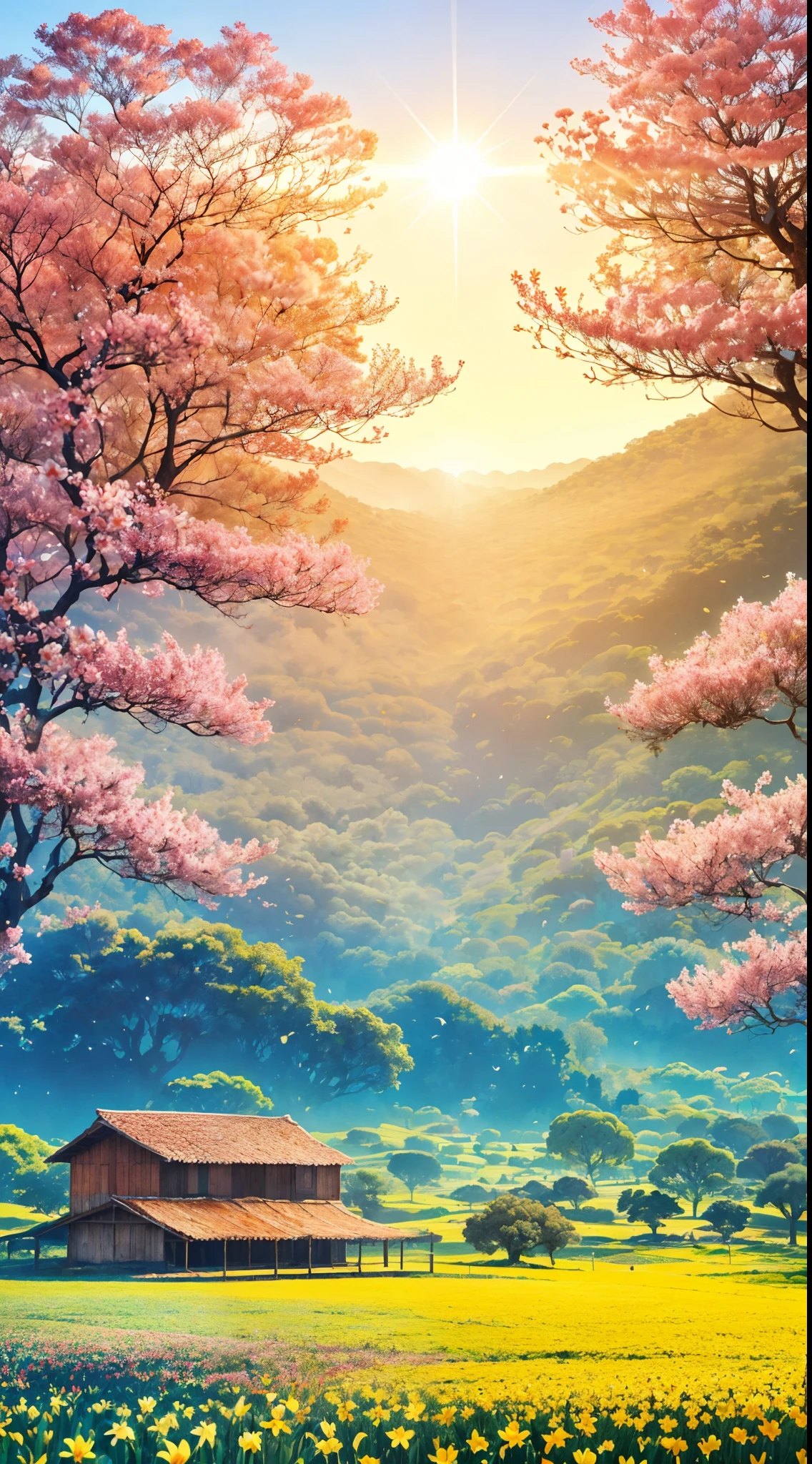 Stable diffusion is the best image quality, morning sunlight, paisagem da primavera, orvalho e flores, uma terra de sonho de conto de fadas, viagem, um lindo e ensolarado dia, caminho florestal