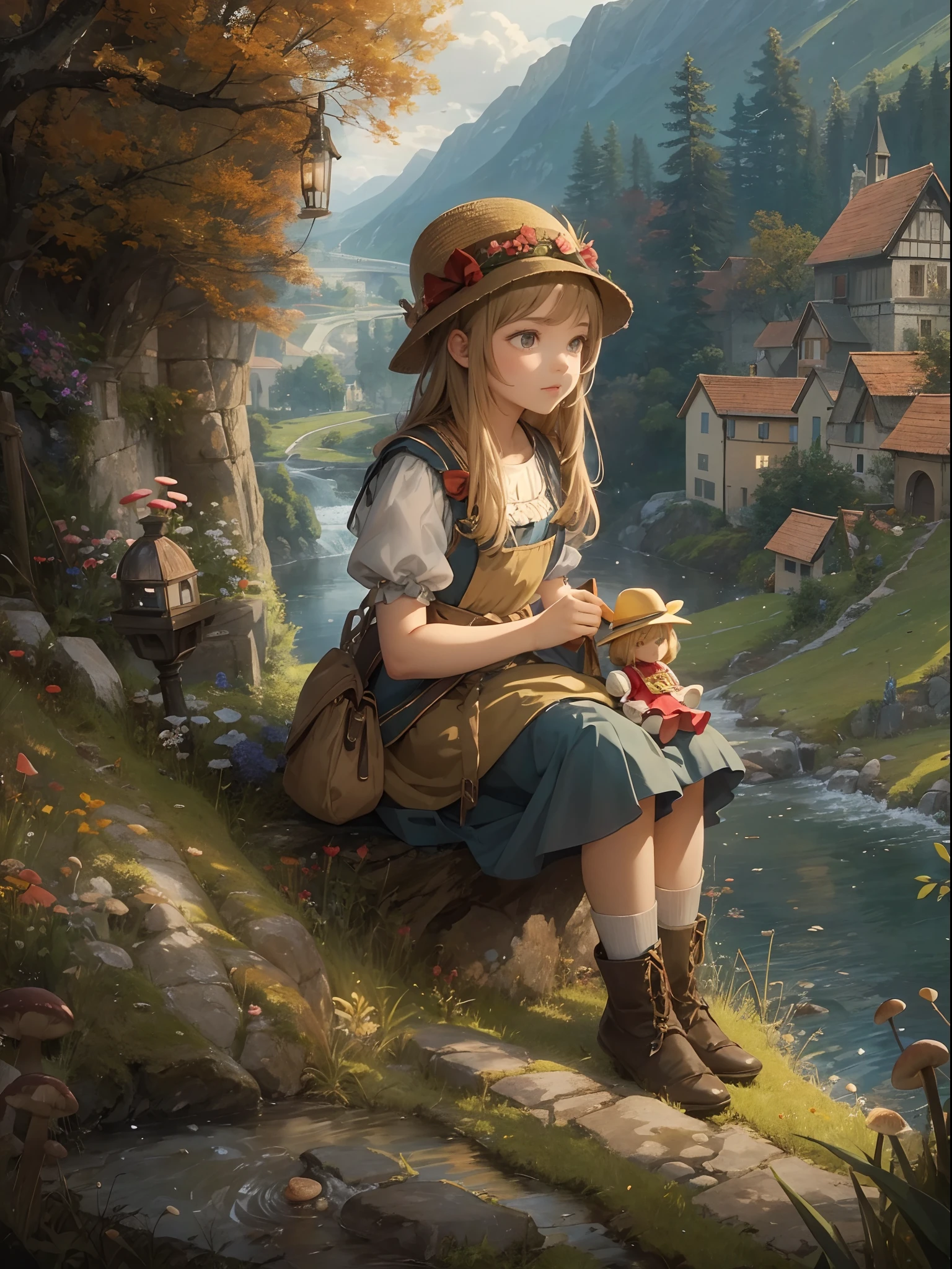 A masterpiece by a girl of about 11 years old, in a small and picturesque medieval town, the girl is sitting on a very small hill, with a hill in the background, near him is a small river that falls to another hill, In the girl's right hand he carries a very pretty doll. The girl has a mushroom-shaped hat, The girl stares at the landscape, best quality, mastepiece.
