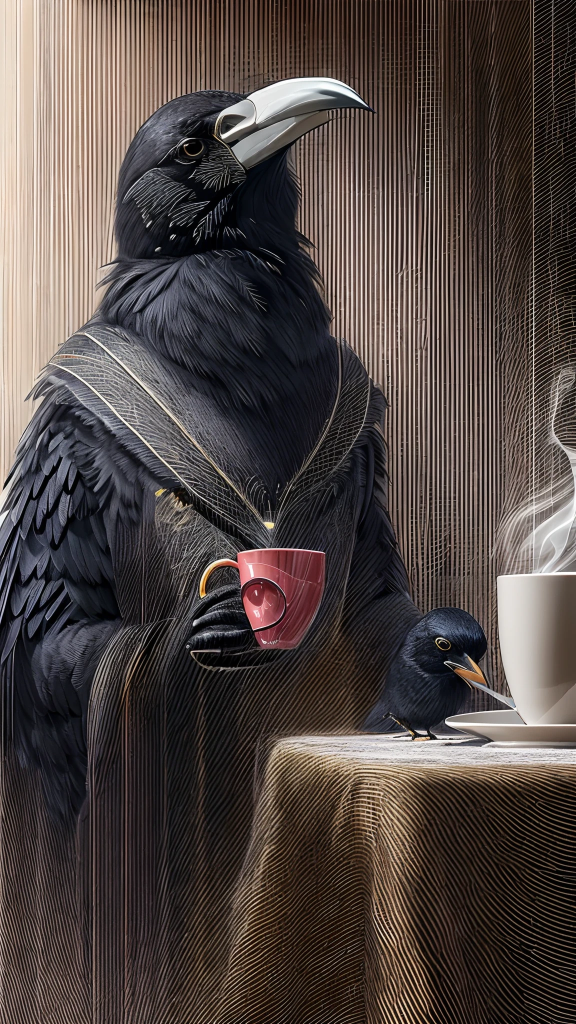 (melhor qualidade:1.23), (obra-prima:1.12), (realista:1.24), (Anthropomorphic crow:1.5) holding a cup of coffee, sentado, in a bathrobe, having breakfast and holding a cup of coffee, volumeric lighting, Sala de estar, muitos gadgets e equipamentos em chamas, smoke billowing, (chamas ao redor:1.2),