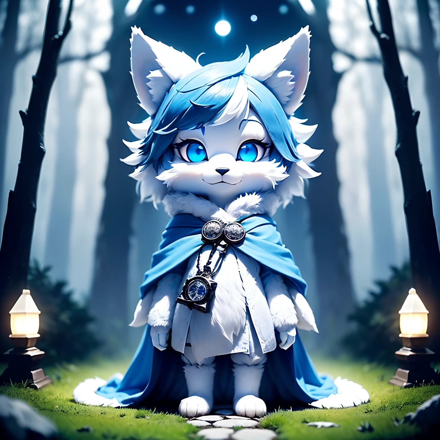 Anthropomorphic standing furry little wolf,adolable, Light:Extreme light and shadow,(anthr(Full Body Furry,Head bust close-up, Pale blue hair,Large pale blue ears,Big blue eyes,White fur,Reddish skin ,Sky blue eyes, Pale blue hair:1.2), (long canines、Thick blue cloak,White fur trims:1.2),(the night、lawns)) ,((Deep in the dark forest at night,glowworm,Stone path,独奏,solo person)),((the detail)),(depth of fields),(standing on your feet))