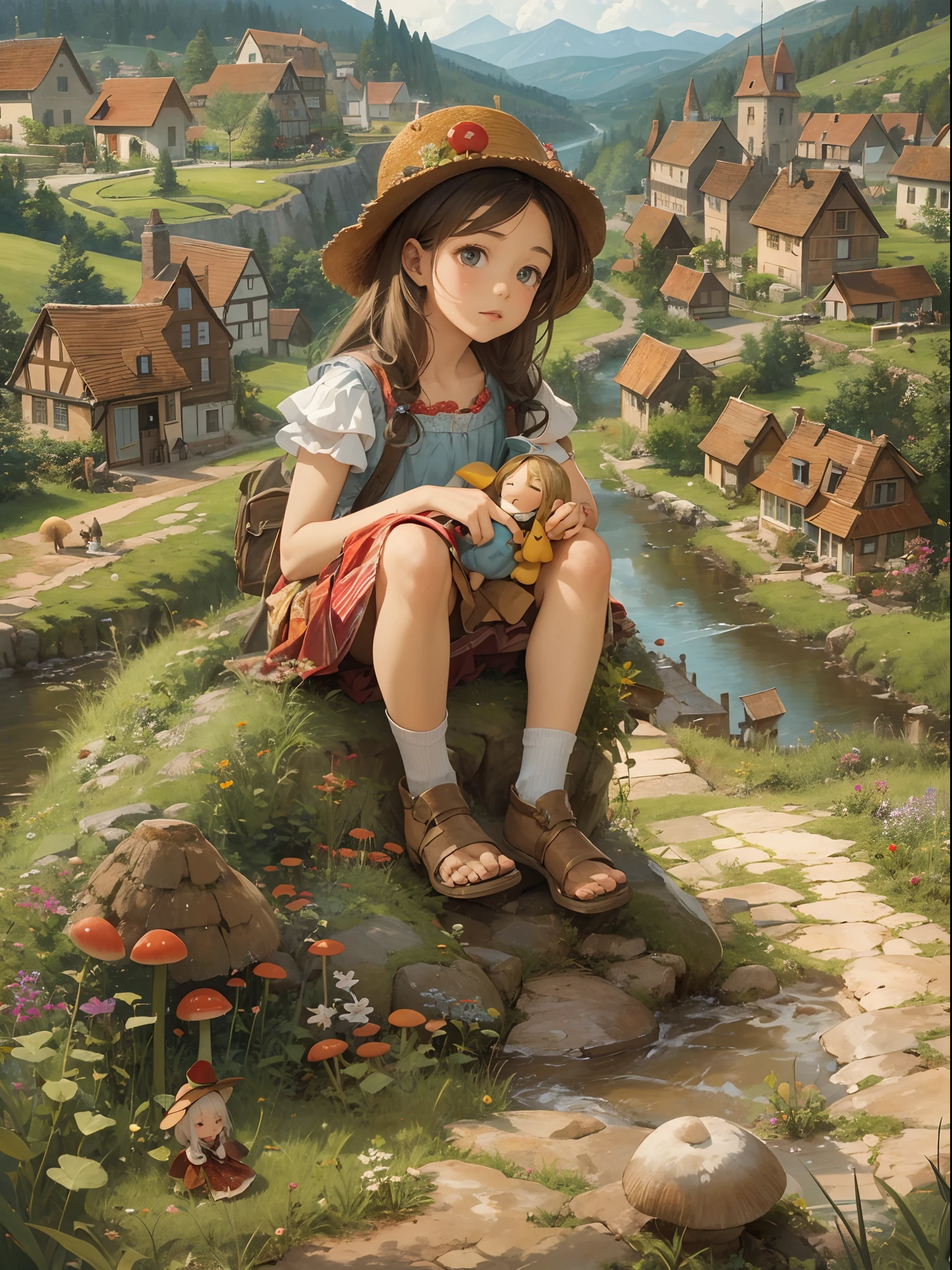 A masterpiece by a girl of about , in a small and picturesque medieval town, the girl is sitting on a very small hill, with a hill in the background, near him is a small river that falls to another hill, In the girl's right hand he carries a very pretty doll. The girl has a mushroom-shaped hat, The girl stares at the landscape, best quality, mastepiece.