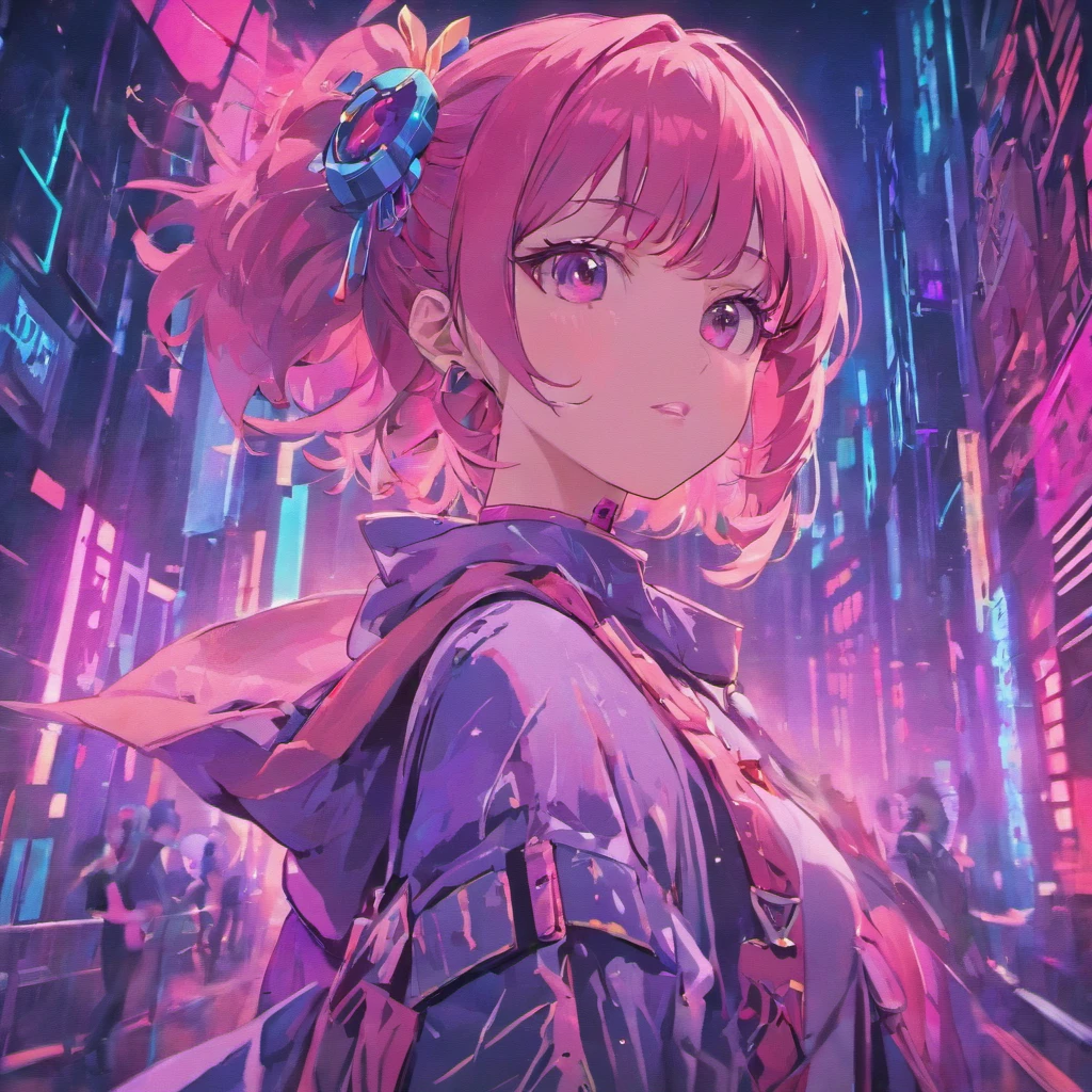 Mudar fundo cyberpunk menina bonita, rosto realista, 8k, ultra realistic, tecnologia, cores neon, fundo detalhado.