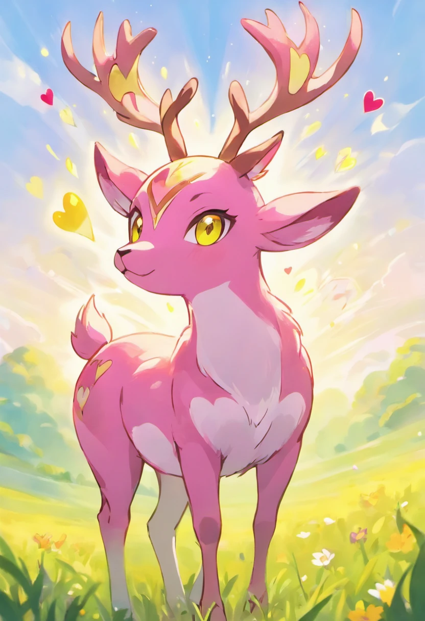 a detailed anime drawing of a large adult ((pink)) deer with ((bright yellow eyes)) that gives off a aura of grace with large heart-shaped antlers dashing through a meadow by itself