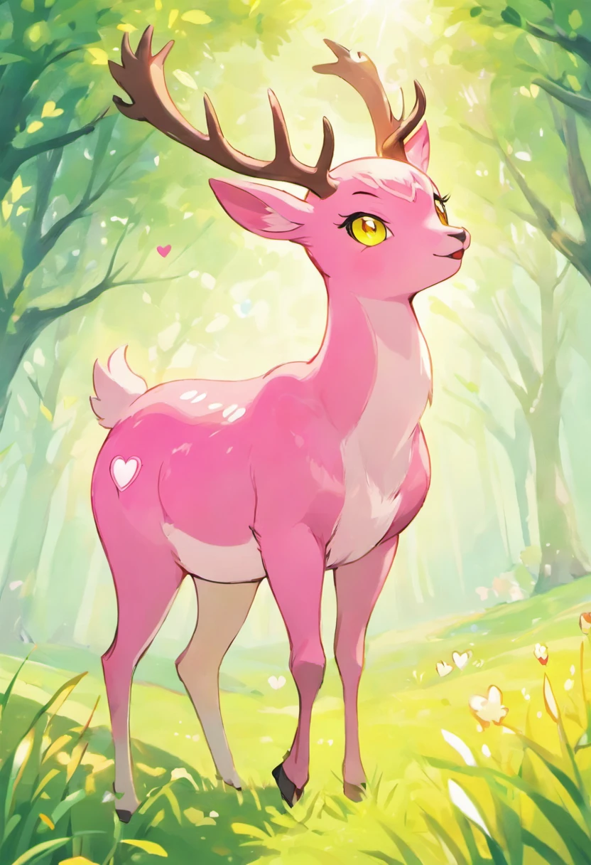 a detailed anime drawing of a large adult ((pink)) deer with ((bright yellow eyes)) that gives off a aura of grace with large heart-shaped antlers dashing through a meadow by itself