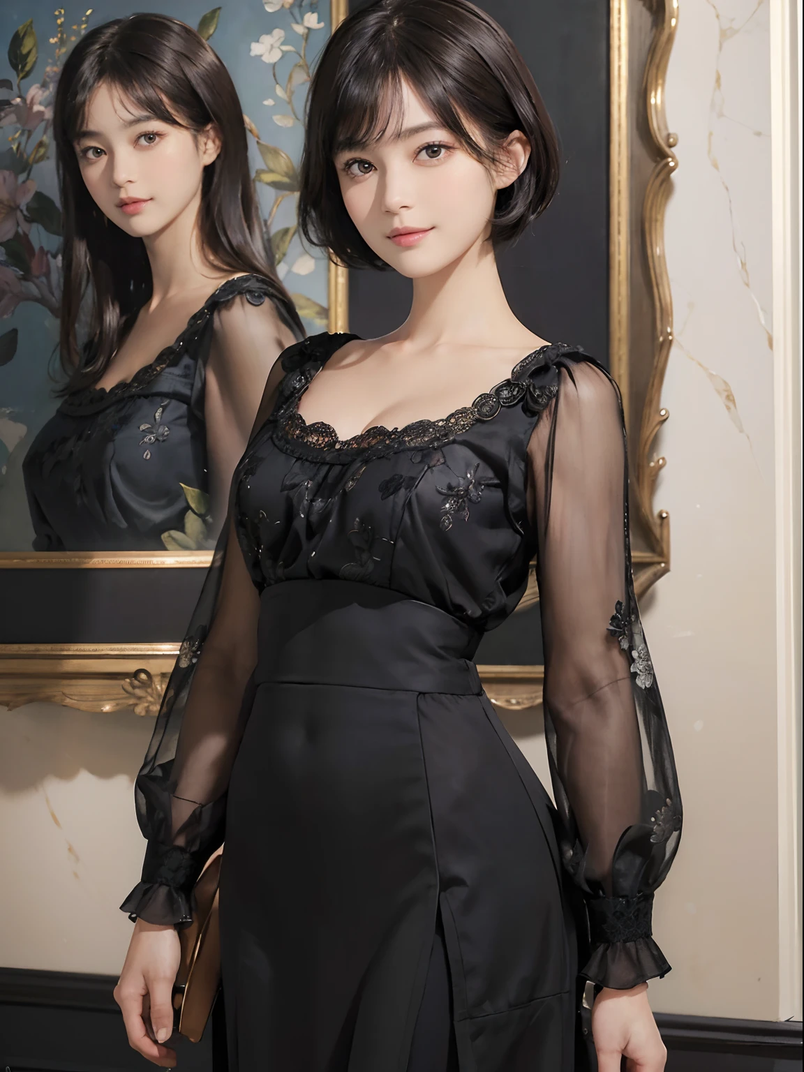 (((Black shorthair))), (Louvre Museum), Pose Seductive, (A hyper-realistic), (Illustration), (Increased resolution), (8KUHD), (Extremely detailed), (Best Illustration), (Beautiful and detailed eyes), (Best Quality), (ultra-detailliert), (masutepiece ), ( Wallpaper), (Detailed face), Solo, 1人の女性, Floral clothing,  Breast bulge, Fine details, Detailed face, Deep Shadows, lowkey, pureerosfaceace_v1, Smiling,  46 point slanted bangs,  (Stand in front of a painting)