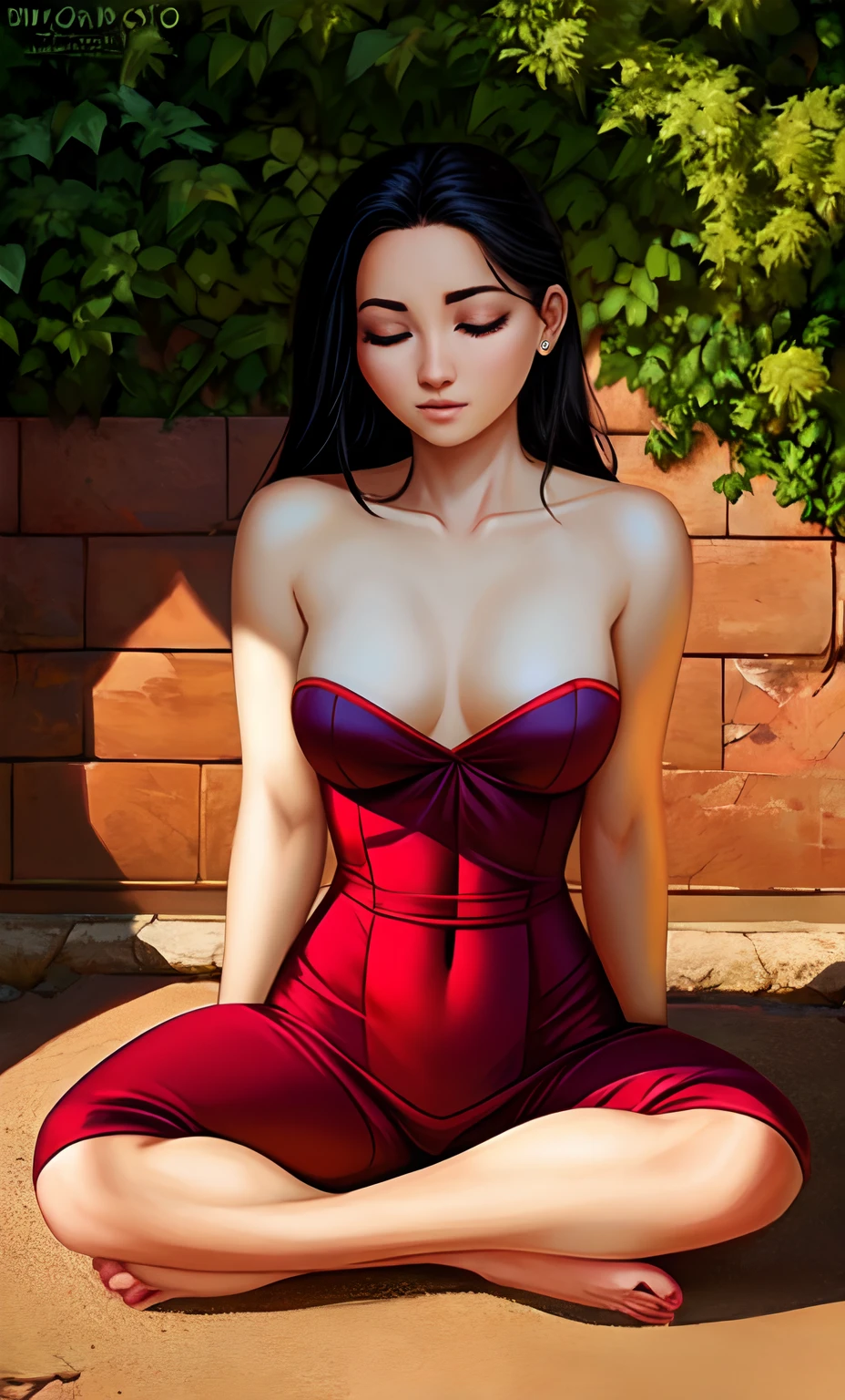 uma mulher linda, morena de olhos verdes e cabelos longos loiros, com corpo sarado e bronzeado, sitting meditating in lotus position, wearing a comfortable red outfit.