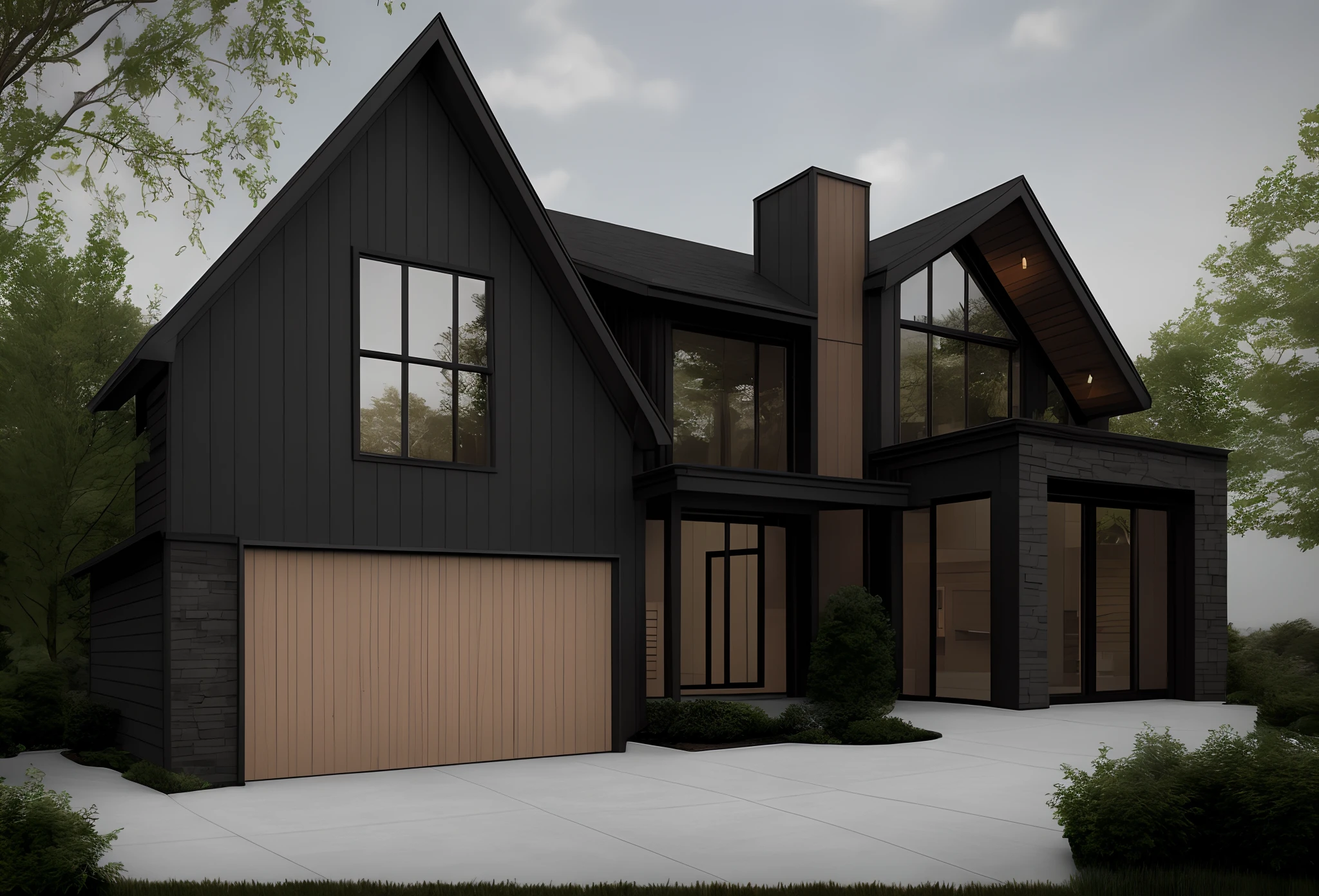 black garage, cedar siding, limestone accents