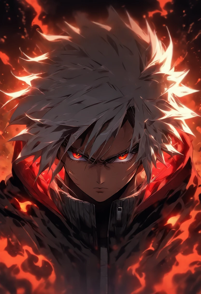 High quality, ultra detailed, man wearing black hoodie, facing behind the camera and head facing the camera, ultra realistic, red eyes, white hair