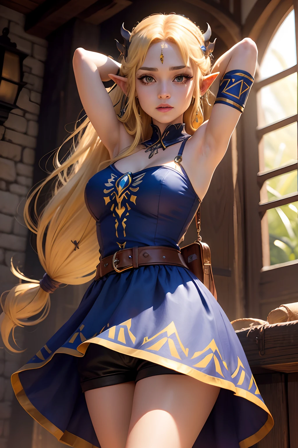 Zelda, Mujer, cabello amarillo, vampiro, vestido corto, armpits, una daga en mano derecha, ojos azules, cabello en cola, panties.