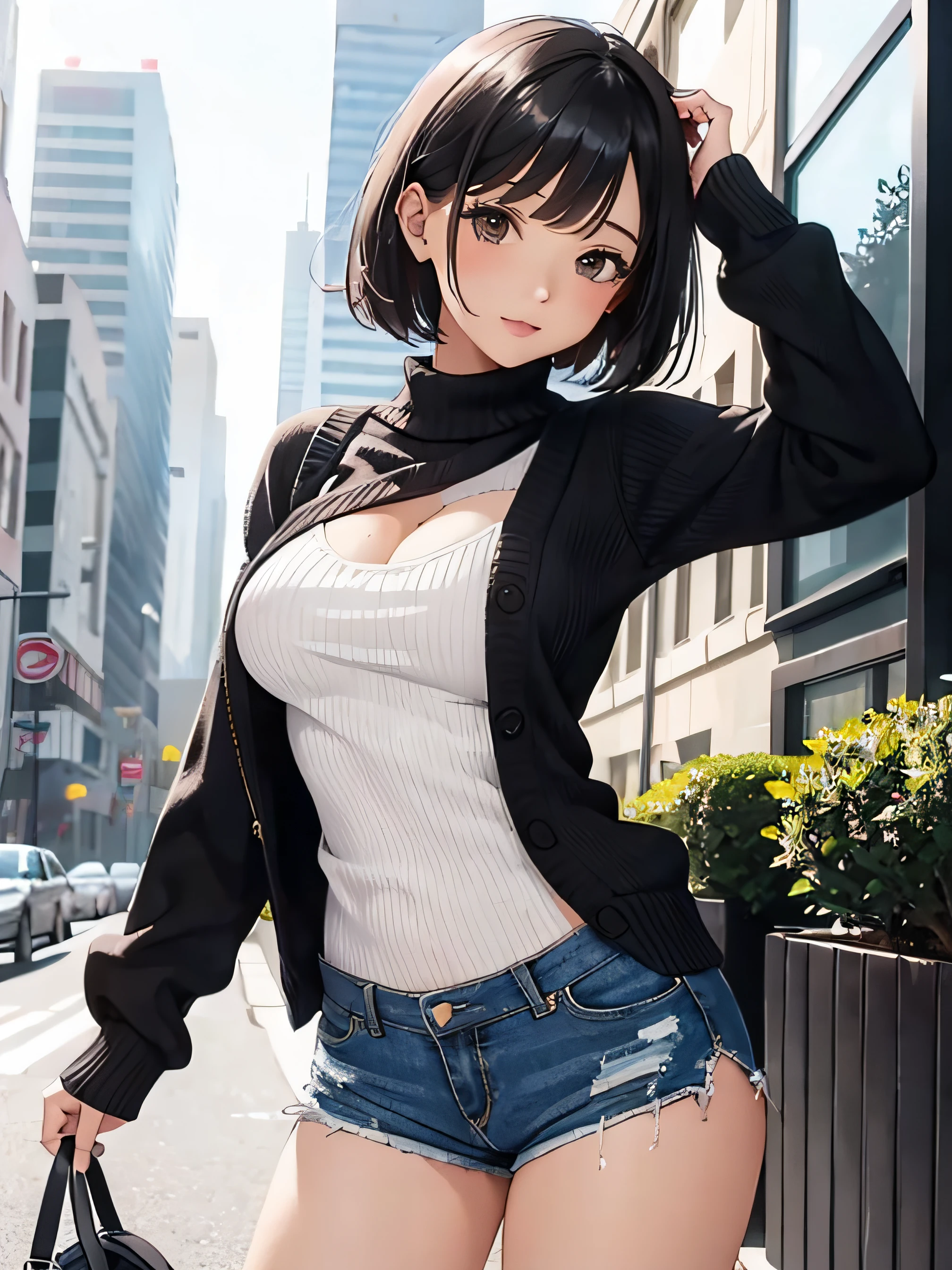 a girl with low-cut sweater, medium breasts, shorts, flirty look, very well detailed, cityscape or academy, black hair,
