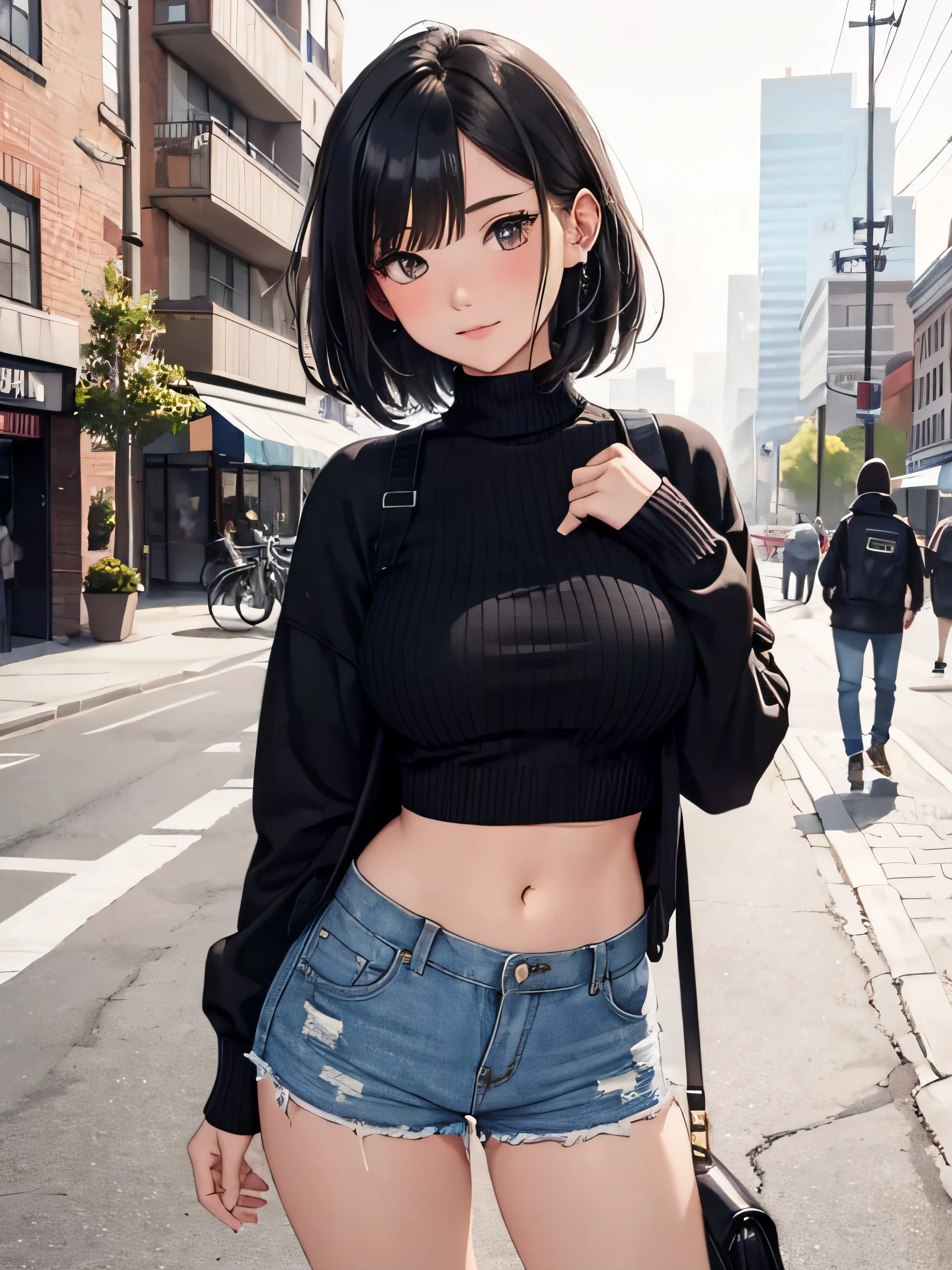 a girl with low-cut sweater, medium breasts, shorts, flirty look, very well detailed, cityscape or academy, black hair,