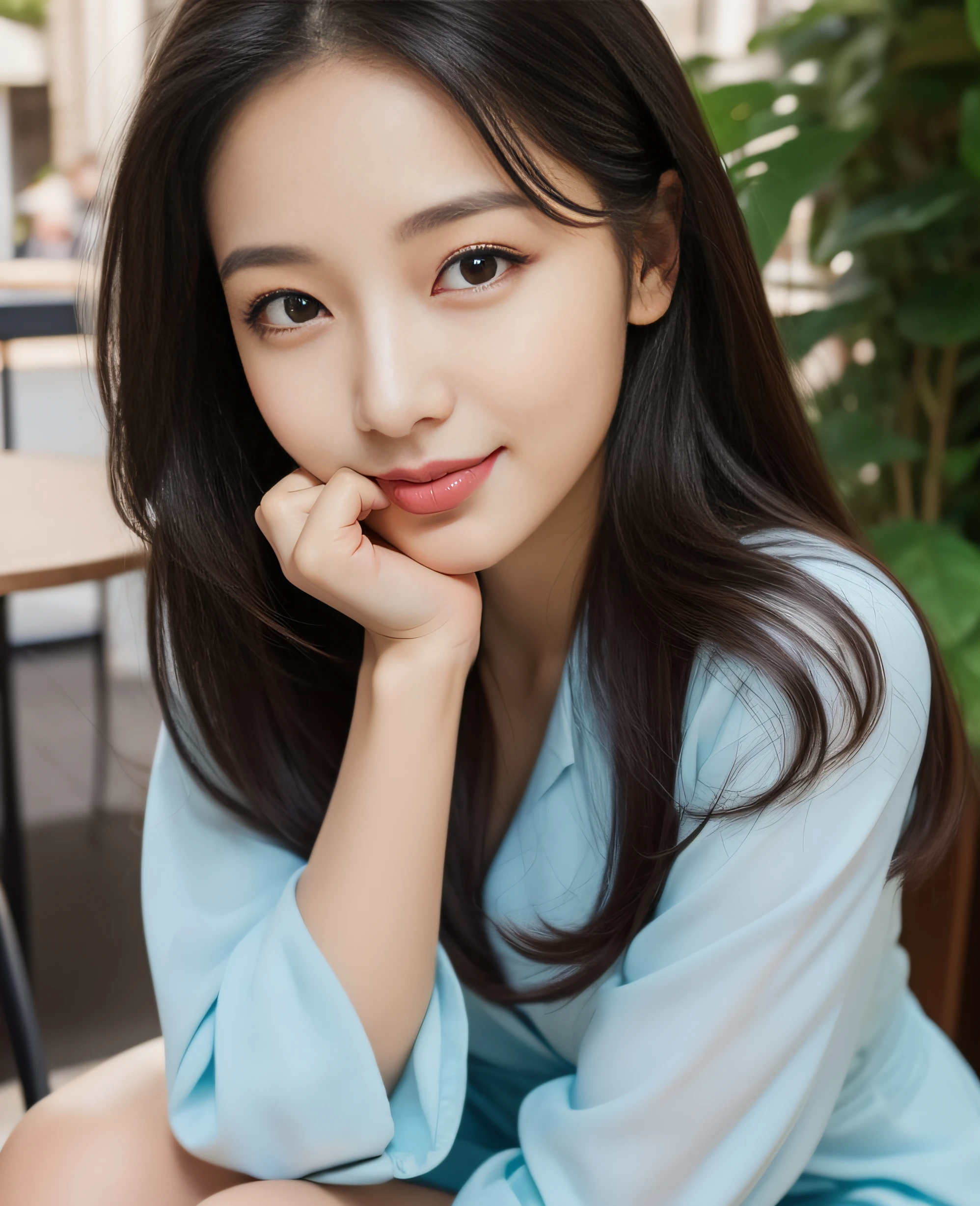 ((Top quality, 8K, Masterpiece: 1.3)), Beautiful girl, Pure, Melon face, Kind and cute, Sweet smile, Pure desire, Slender body, (Front), (Tilted head), ((Looking at camera) ), wearing a marine blue colored suit, black silky long hair, long flowing shoulders, round black big eyes, clear big eyes, moist red lips, sweet, sitting on a chair, cafe terrace background ,(((waist shot))),