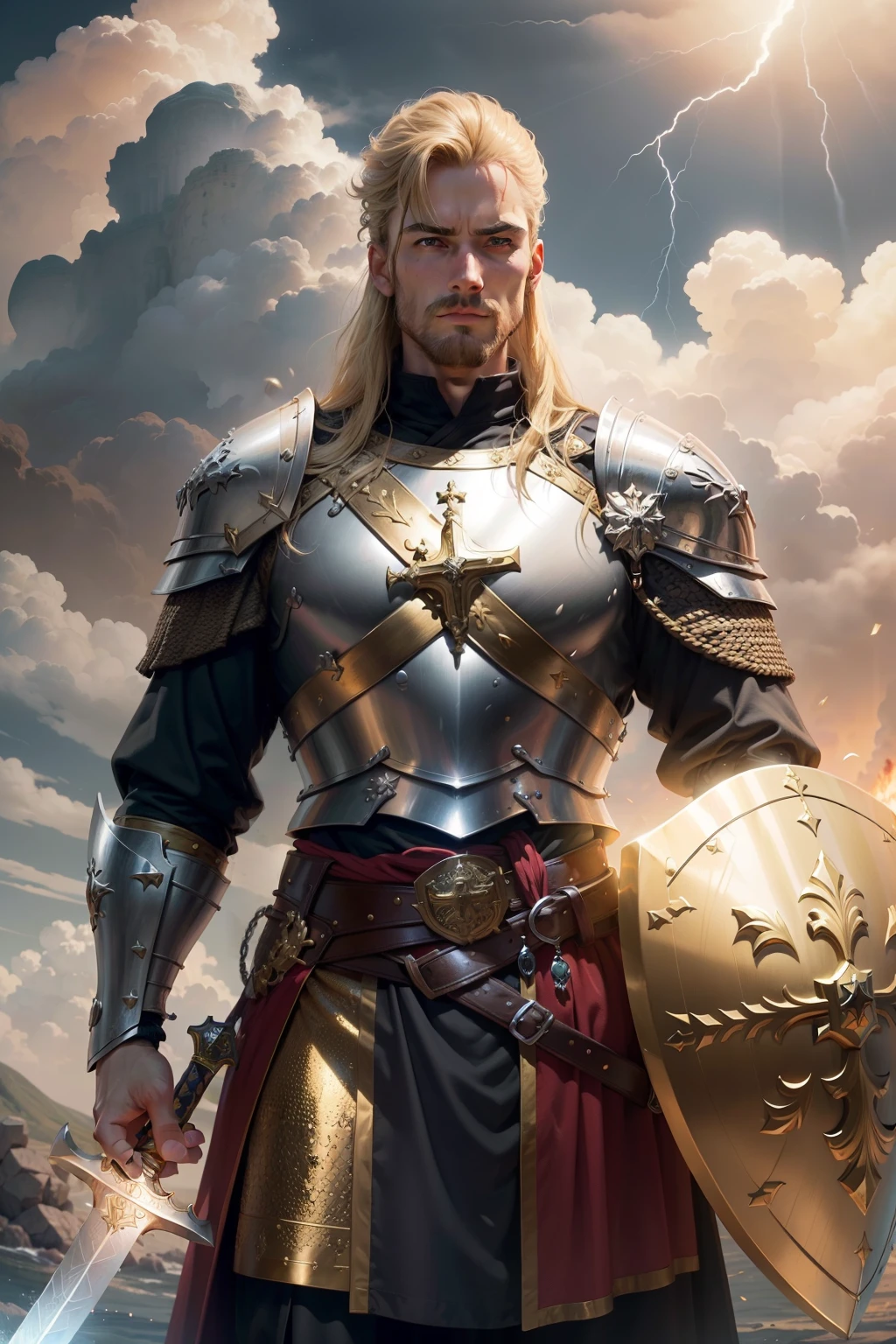 ((Sword and Shield held close to his chest)), a 5 feet long great broad sword, a round golden shield held before, A fierce and noble English knight stands tall in the midst of a raging storm, his chainmail glinting in the lightning as he bravely defends his ruined castle, a large Christiaan cross on his chest plate, and a large golden Christiaan cross on his shield, Rendered in stunning 24k resolution, every intricate detail of his shield and sword is brought to life, a symbol of his unwavering faith and courage