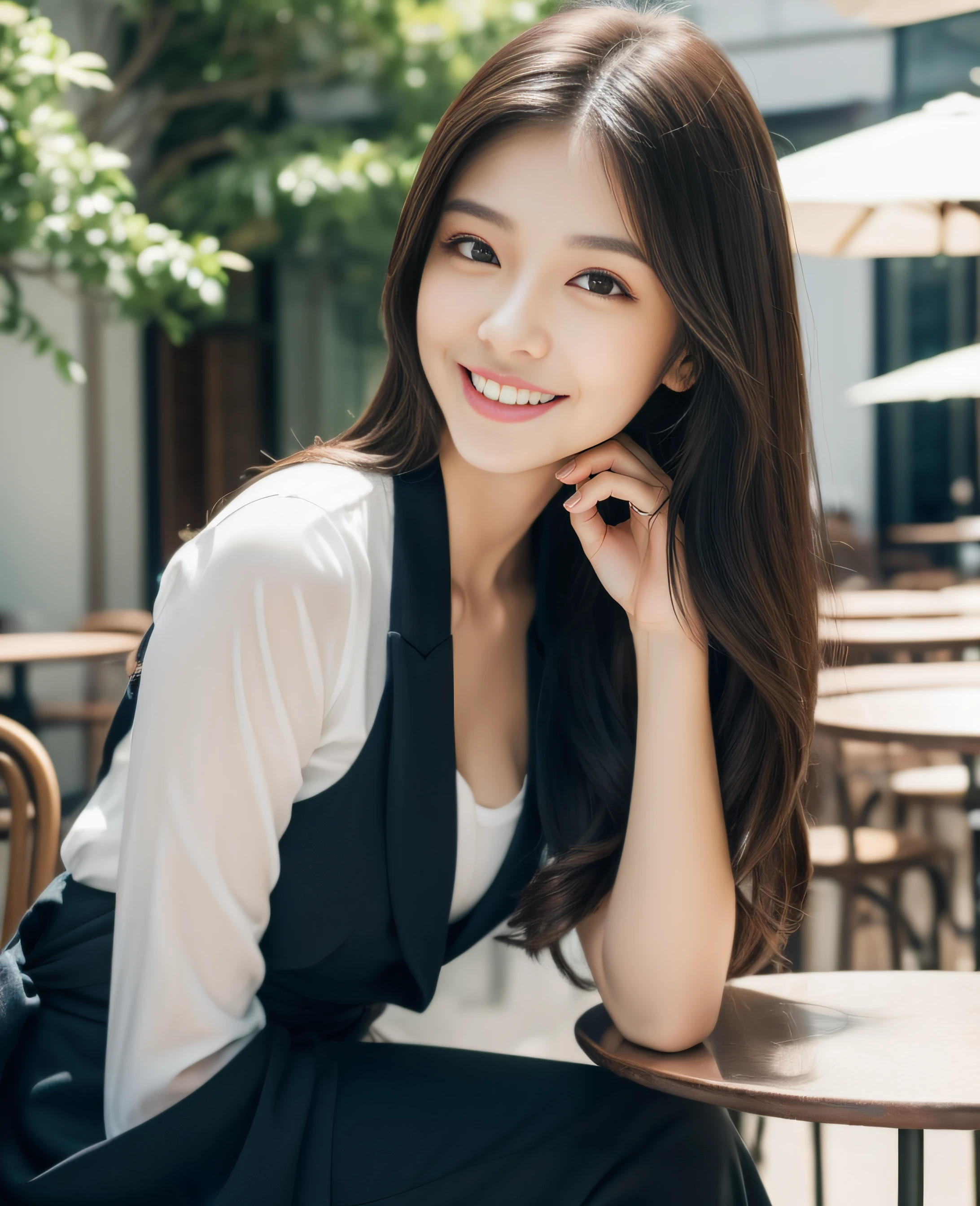 ((Top quality, 8K, Masterpiece: 1.3)), Beautiful girl, Pure, Melon face, Kind and cute, Sweet smile, Pure desire, Slender body, (Front), (Tilted head), ((Looking at camera) ), wearing a marine blue colored suit, black silky long hair, long flowing shoulders, round black big eyes, clear big eyes, moist red lips, sweet, sitting on a chair, cafe terrace background ,(((waist shot))),