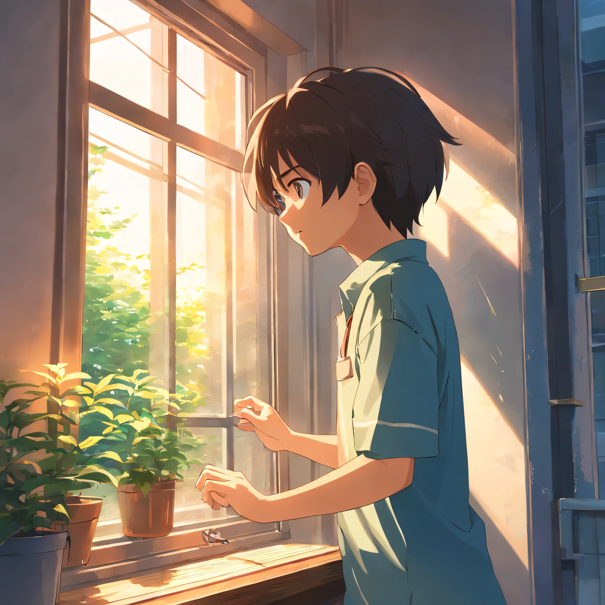 The boy used his hand to close the window