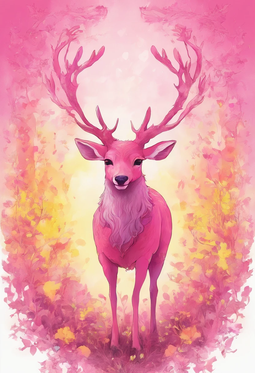 a detailed anime drawing of a large adult ((pink)) deer with ((bright yellow eyes)) that gives off a aura of grace with large heart-shaped antlers dashing through a meadow by itself