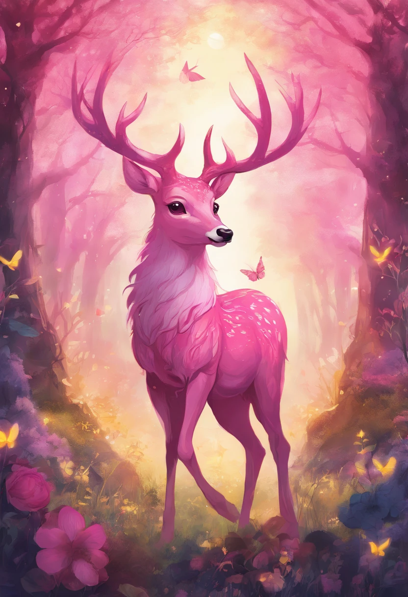 a detailed anime drawing of a large adult ((pink)) deer with ((bright yellow eyes)) that gives off a aura of grace with large heart-shaped antlers dashing through a meadow by itself