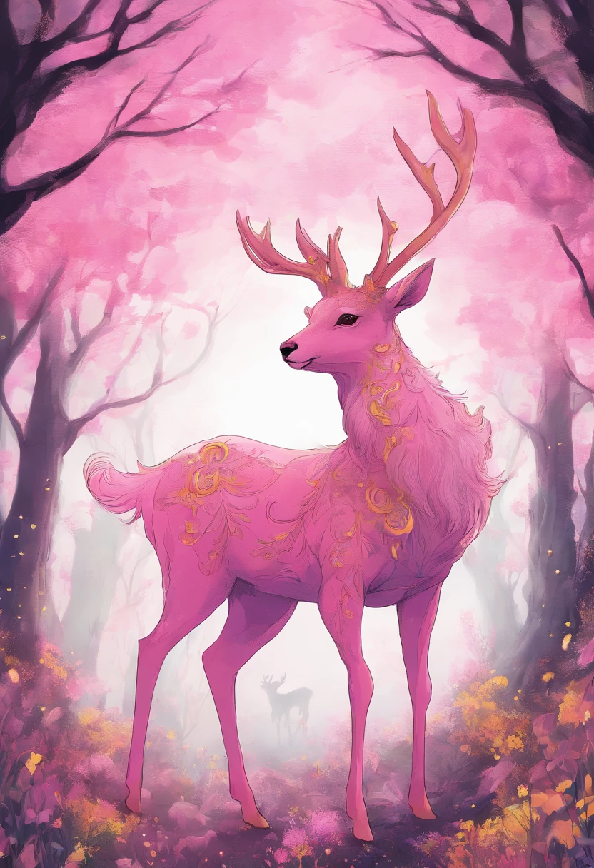 a detailed anime drawing of a large adult ((pink)) deer with ((bright yellow eyes)) that gives off a aura of grace with large heart-shaped antlers dashing through a meadow by itself