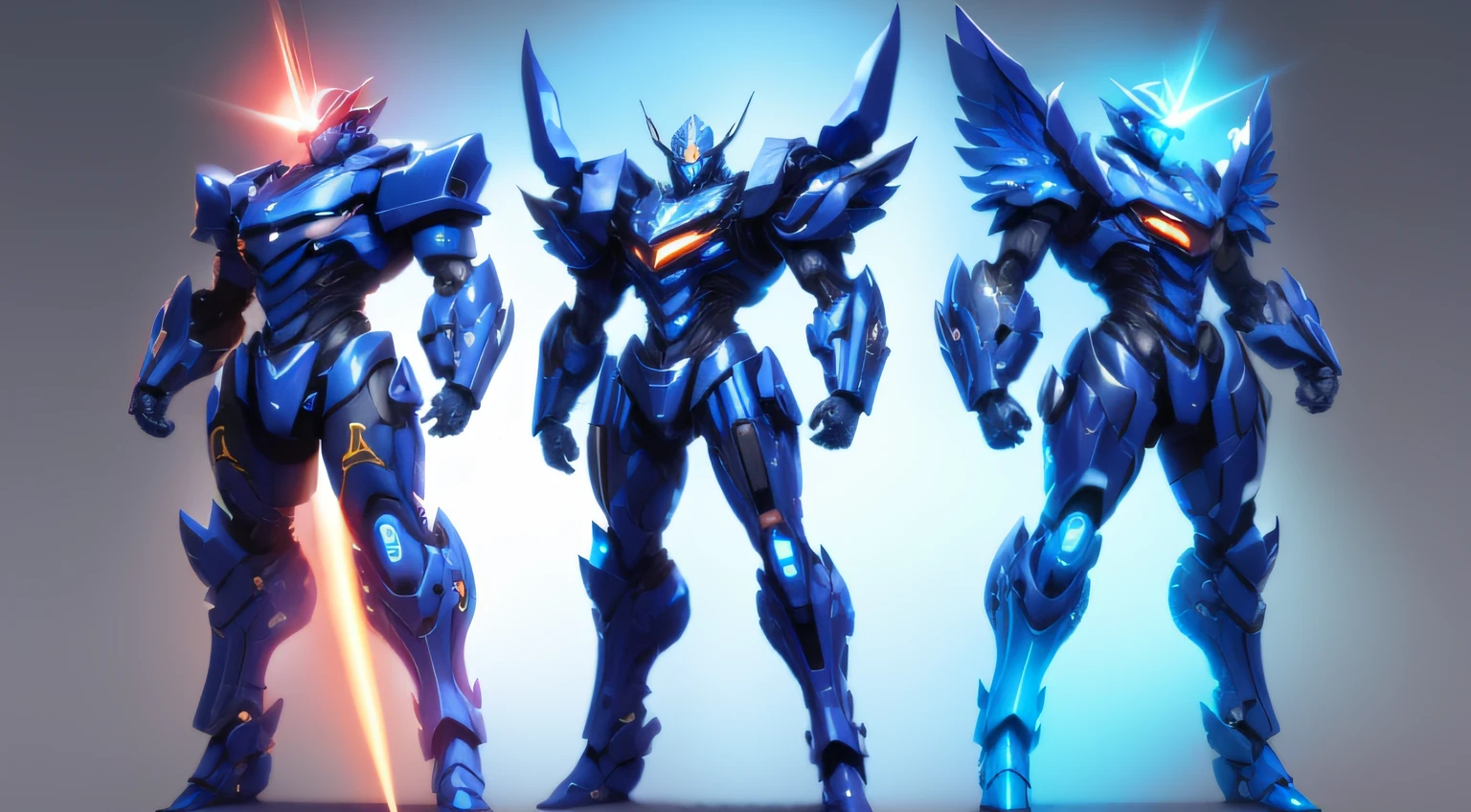 Blue mech(It has a golden sheen),It is equipped with an electromagnetic cannon and a laser gun,Holding a magic crystal tomahawk。There are three pairs of wings,The whole body is covered with nanocomposite armor。