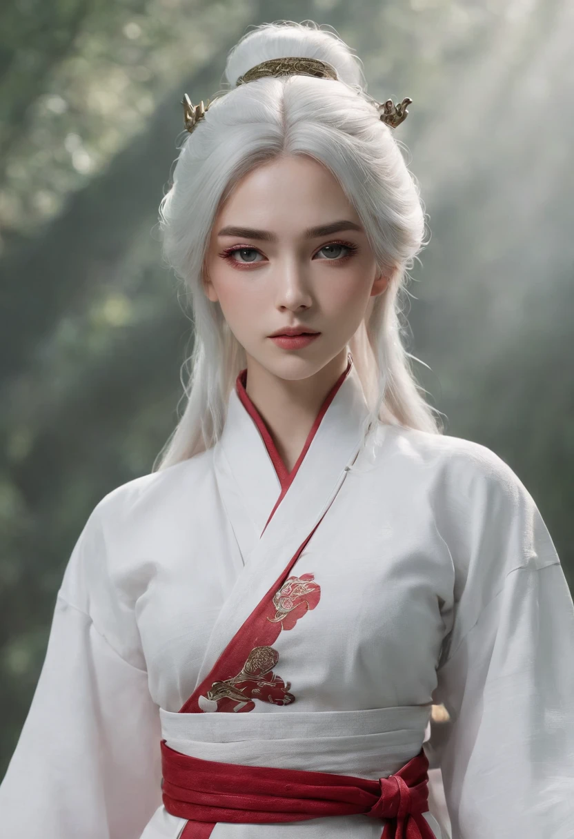 Cirilla Fiona Elen Riannon,动态照明,art stations,poster for,Volumetriclighting,Very detailed faces,4k wallpapers,He has a delicate and beautiful face,long hair flowing,horse tailed,Fringed Hair Ornament,Dynamic perspective,White Hanfu,White gauze flying,red waistband,Sexy,Tradition Chinese Ink Painting,Surrounded by clouds,fog atmosphere,Ride a white dragon,White dragon horn,dynamic viewing angle,电影灯光