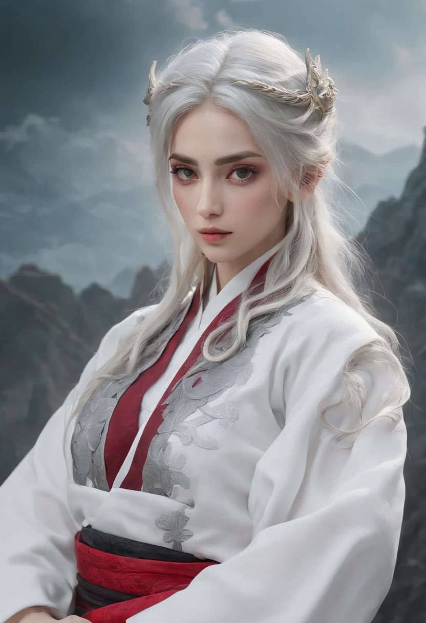 Cirilla Fiona Elen Riannon，动态照明，art  stations，poster for，Volumetriclighting，Very detailed faces，4k wallpapers，He has a delicate and beautiful face，long hair flowing，horse tailed，Fringed Hair Ornament，Dynamic perspective，White Hanfu，White gauze flying，red waistband，Sexy，Tradition Chinese Ink Painting，Surrounded by clouds，fog atmosphere，Ride a white dragon，White dragon horn，dynamic viewing angle，电影灯光