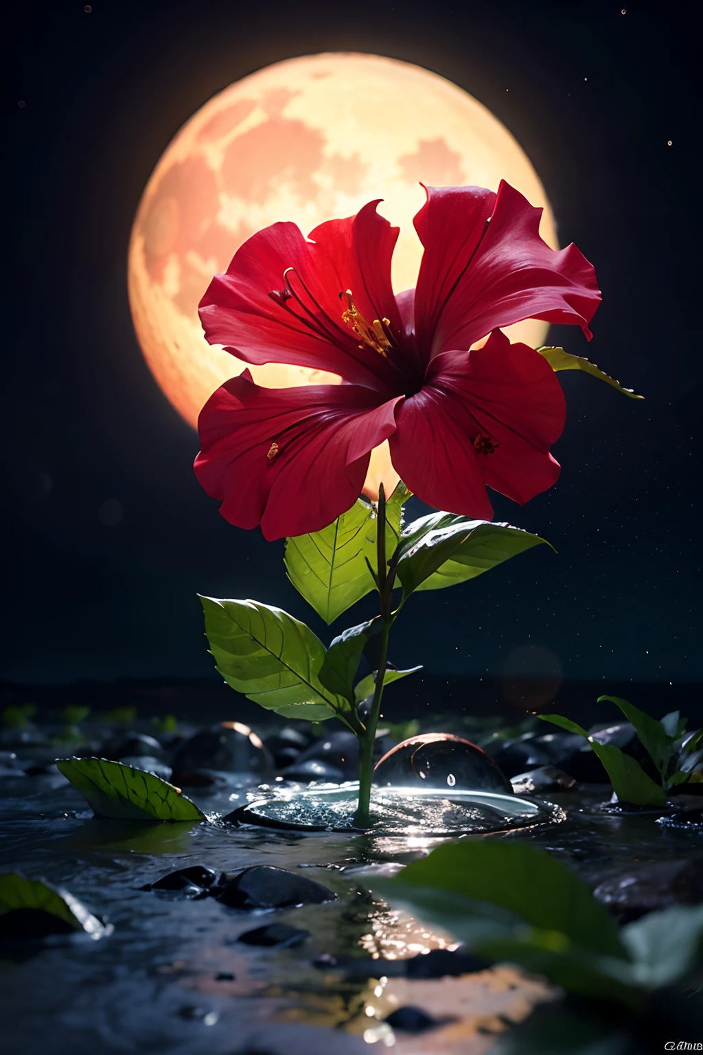 hibiscus Moon with water drops,neon glow, random background, sun rise, bokha mood