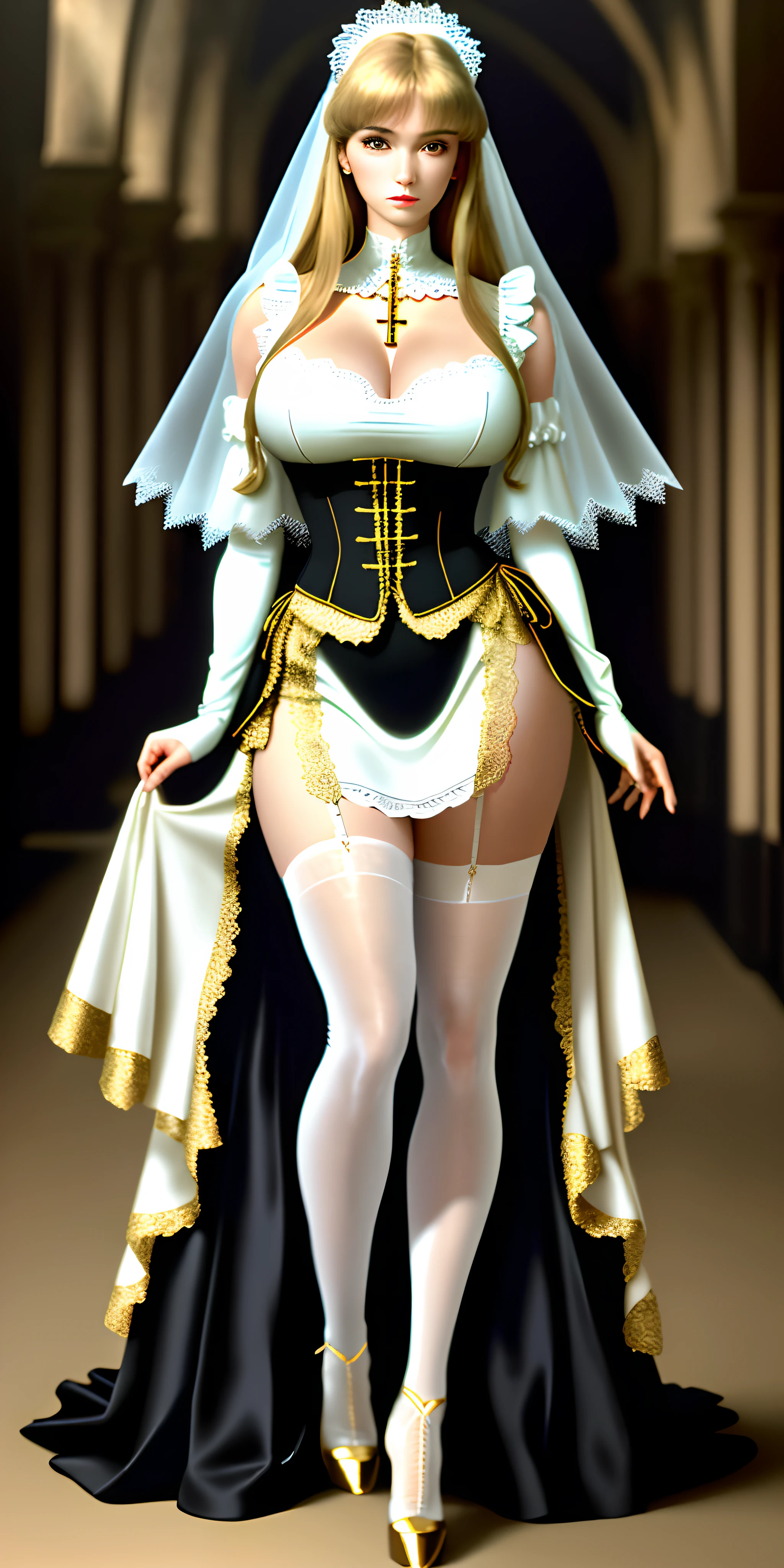 (Best quality,4K,8K,A high resolution,Masterpiece:1.2),Ultra-detailed,(Realistic,Photorealistic,photo-realistic:1.37),anime big breast,detailed scenic view,sunlight from above,Gorgeous hall,Gothic corridor,Maid mature lady,Tall,Curvy,plump,Porcelain complexion,Golden hair,Long hair with bangs,The beauty mark in the lower right corner of her face,A gentle expression appeared on her face,standing on your feet，legs standing together,Female hands，Tuck slightly into the legs，Grasp the hem of the skirt with both hands,Black lace adorns maid costume，Gold accents,Pure white lace-trimmed veil,Gold accents,Powder-white lace-trimmed long-sleeved fingerless gloves,Wear a simple white cross pendant,White high heels,White lace-trimmed thigh suspender stockings,Lace leg loops,Pair it with gold-tone heels， Delicate embroidery, Ethereal beauty, Elegant drape, ,Delicate lace pattern,Transparency,Sexy maid,