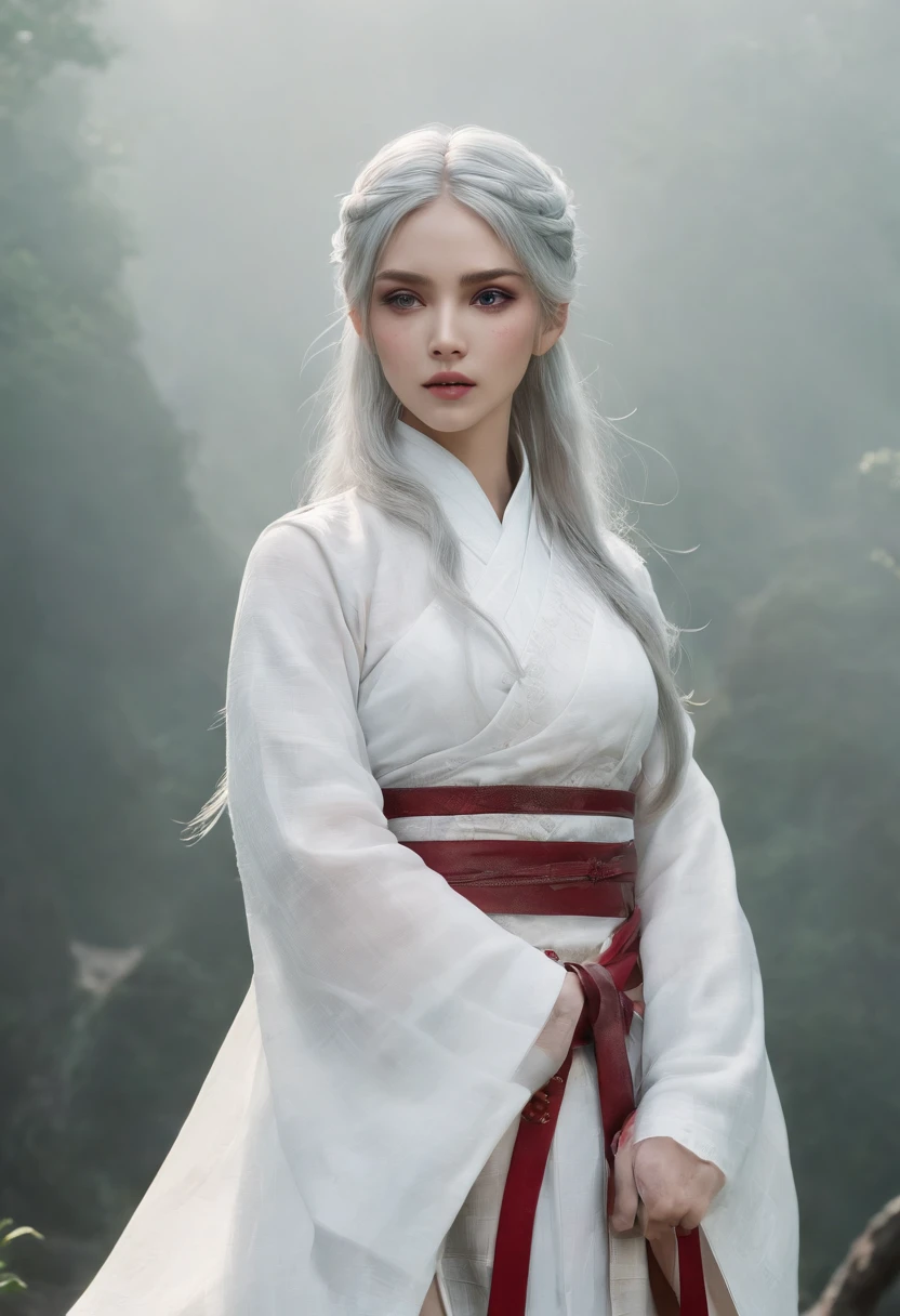 Cirilla Fiona Elen Riannon，动态照明，art  stations，poster for，Volumetriclighting，Very detailed faces，4k wallpapers，He has a delicate and beautiful face，long hair flowing，horse tailed，Fringed Hair Ornament，Dynamic perspective，White Hanfu，White gauze flying，red waistband，Sexy，Tradition Chinese Ink Painting，Surrounded by clouds，fog atmosphere，Ride a white dragon，White dragon horn，dynamic viewing angle，电影灯光