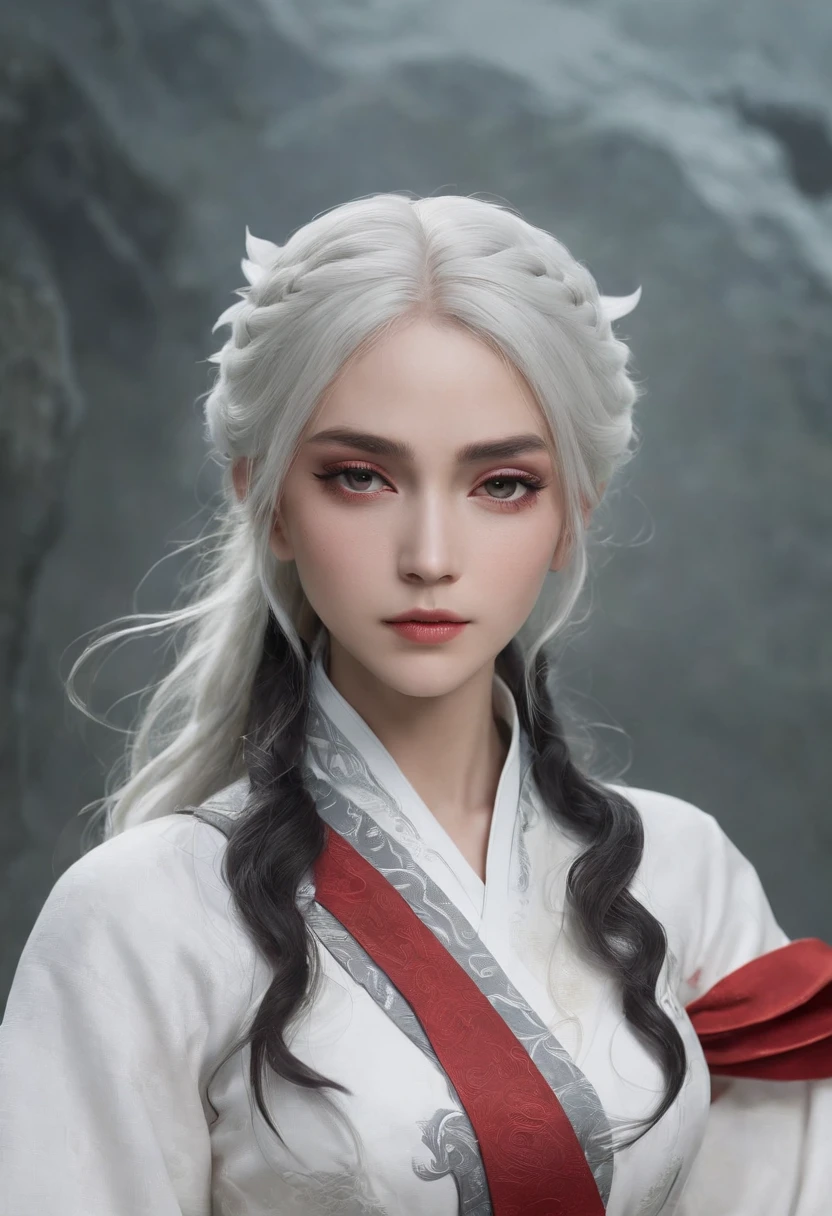 Cirilla Fiona Elen Riannon,动态照明,art stations,poster for,Volumetriclighting,Very detailed faces,4k wallpapers,He has a delicate and beautiful face,long hair flowing,horse tailed,Fringed Hair Ornament,Dynamic perspective,White Hanfu,White gauze flying,red waistband,Sexy,Tradition Chinese Ink Painting,Surrounded by clouds,fog atmosphere,Ride a white dragon,White dragon horn,dynamic viewing angle,电影灯光