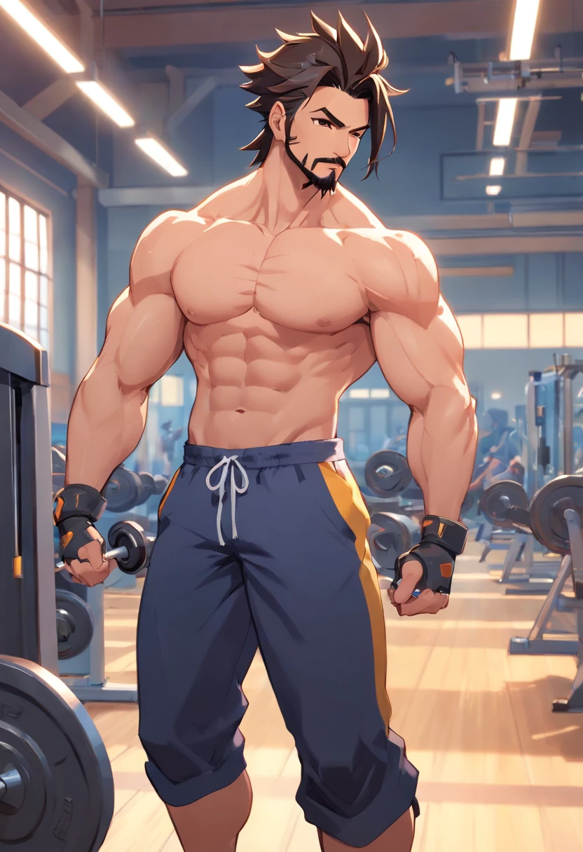 Hanzo Overwatch working out in a bodybuilding gym, well-defined muscles, focus in muscles, detailed biceps and triceps, cabelo perfeito, rosto perfeito, perfect hands, dedos perfeitos