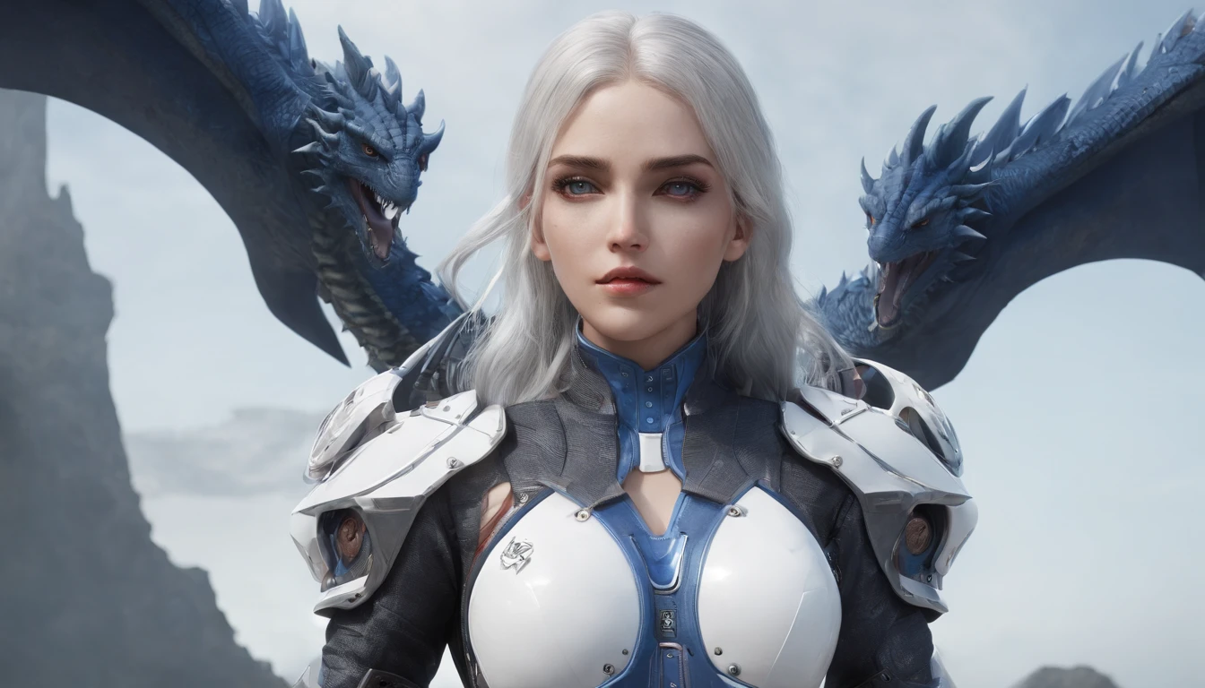 Cirilla Fiona Elen Riannon，Highest image quality，Outstanding details，超高分辨率，（Fidelity：1.4）, Favor the details，closeup cleavage，Ride a dragon，High-tech dragon knight mech，He has a delicate and beautiful face，（（Blue-white flying semi-mechanical fuselage：1.8）），Raised sexy，frontage，Cidade futuristica，mechanically aesthetic，Virtual Engine 5，Perfect detail rendering，rendering by octane，hyper HD