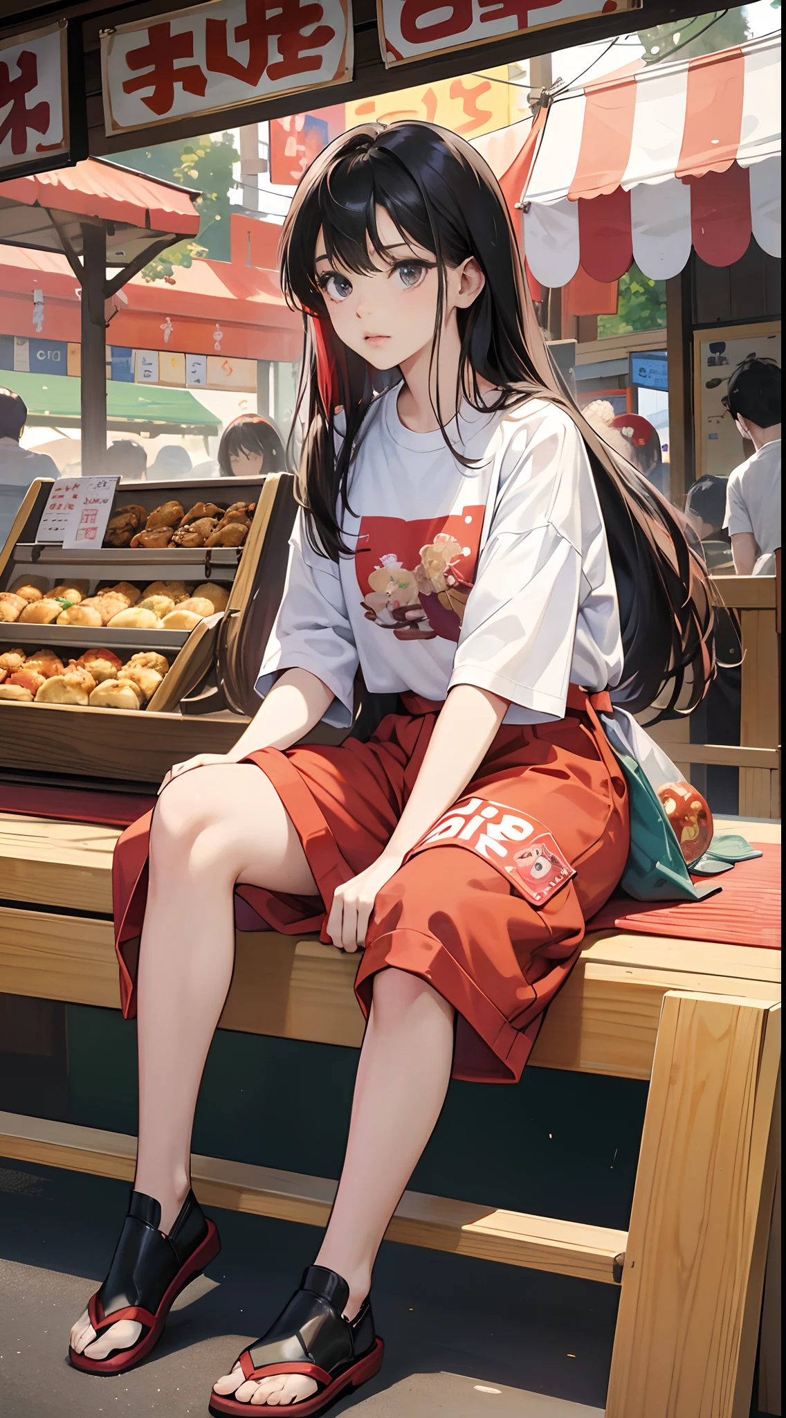 (Best Quality,4K,High resolution), 18yo woman, Red mesh hair on black hair, Long hair, Straight hair,  , Comical appearance，Delicately drawn illustrations down to the smallest detail, Realistic portrayal,outside of house，food stand，Festival of Japan，Bustling background，Festival of Japan，food stand，Multiple people，group，Eat takoyaki，astonished face，get angry，big eye，comic strip，animesque，Comical illustration，Look at viewers，Sitting wildly，oversize tshirt，shortpants，Festival Background，busy，Summer Festivals，jpn，Deformed cute illustration